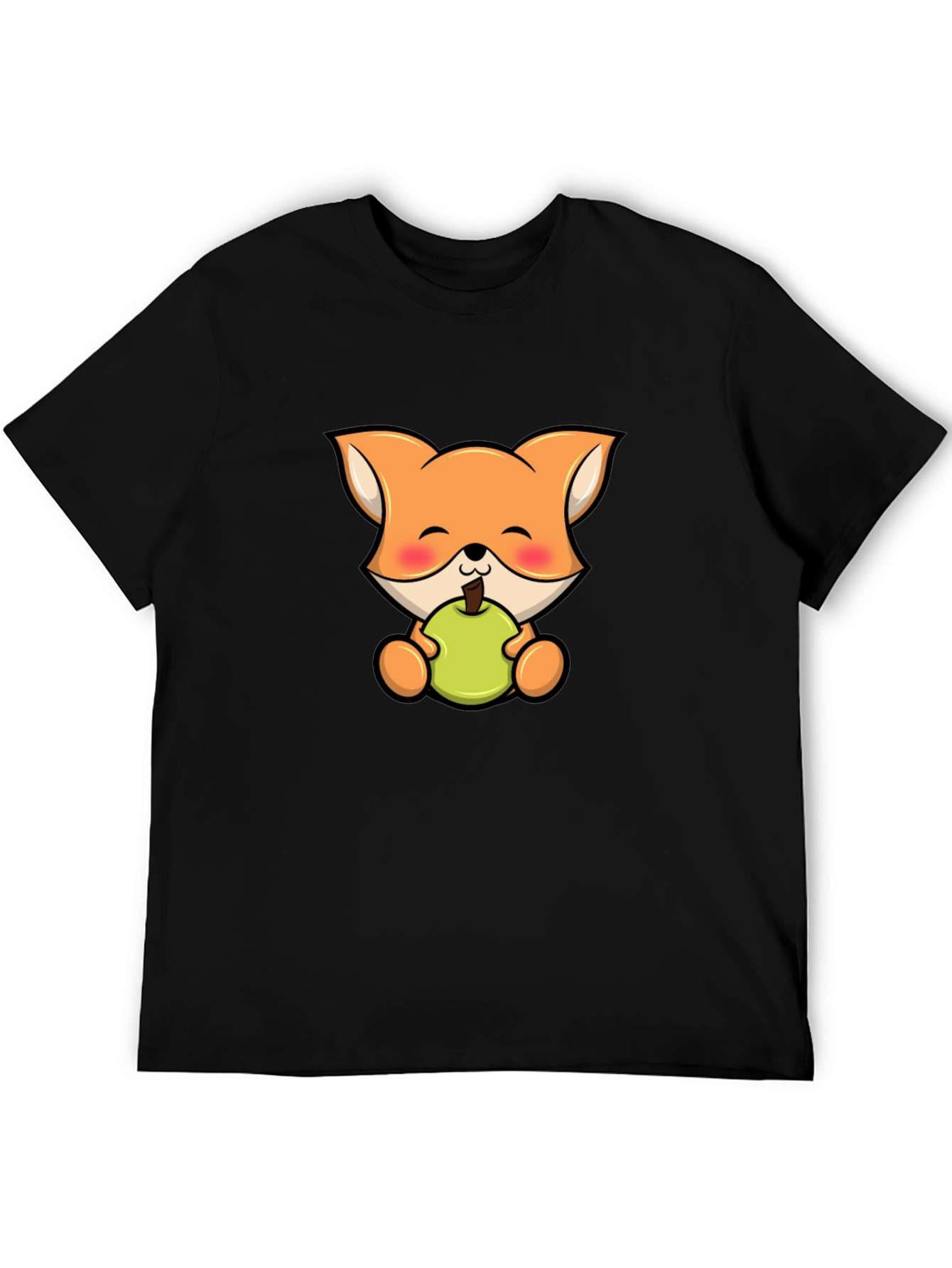 Cute Fox Eating Apple Black T-Shirt