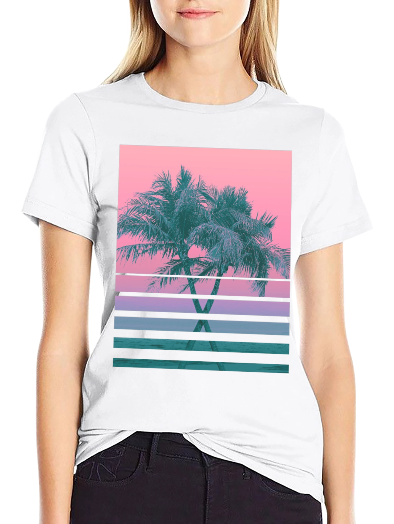 Retro Palm Sunset T-Shirt - Black Cotton Blend