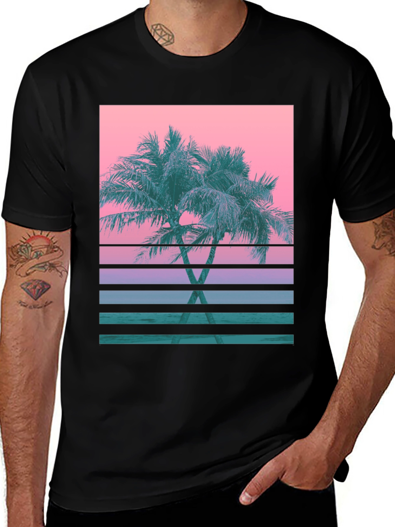 Retro Palm Sunset T-Shirt - Black Cotton Blend