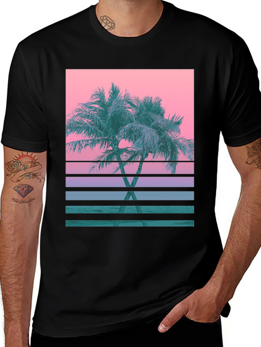 Retro Palm Sunset T-Shirt - Black Cotton Blend