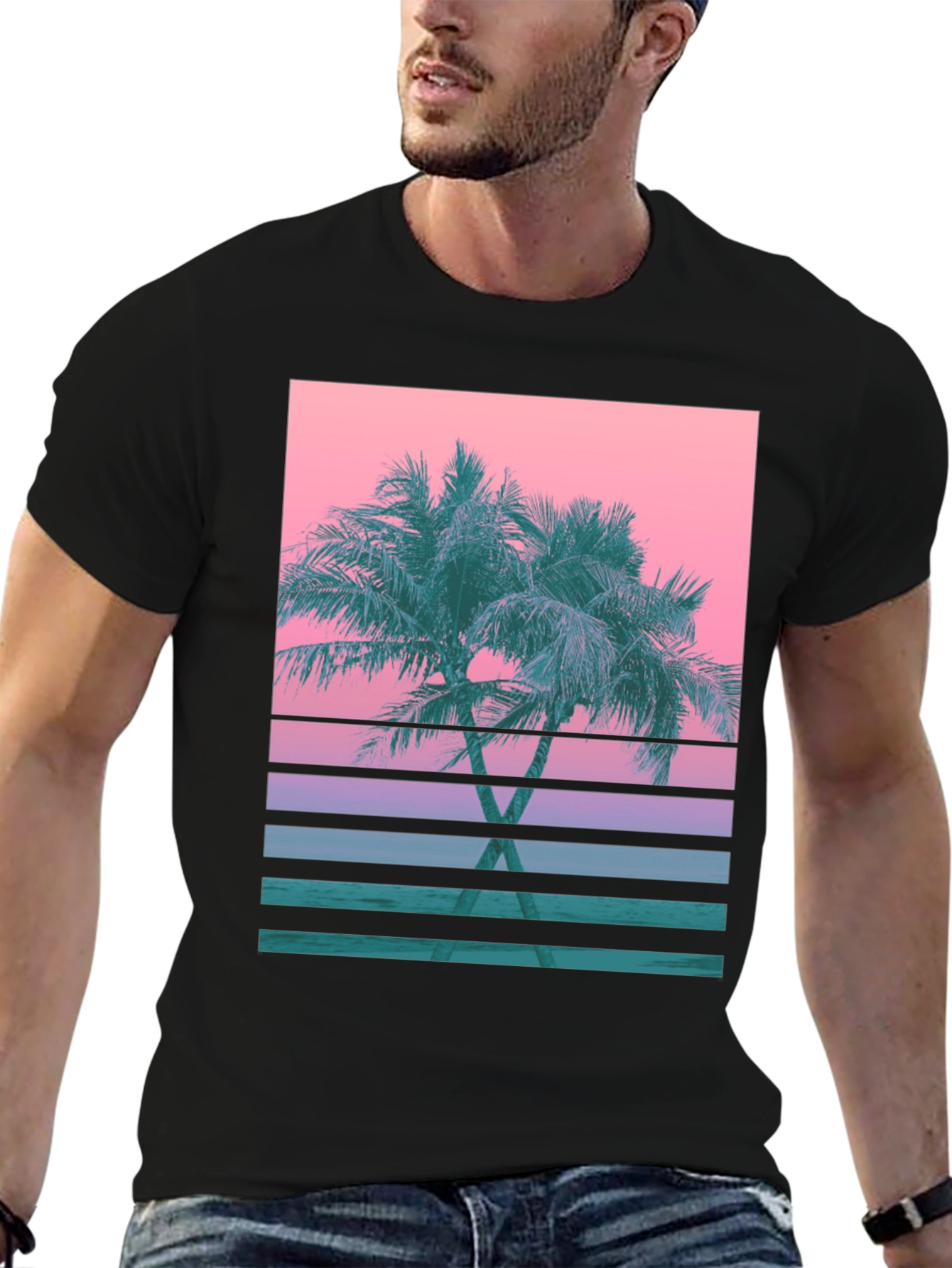 Retro Palm Sunset T-Shirt - Black Cotton Blend