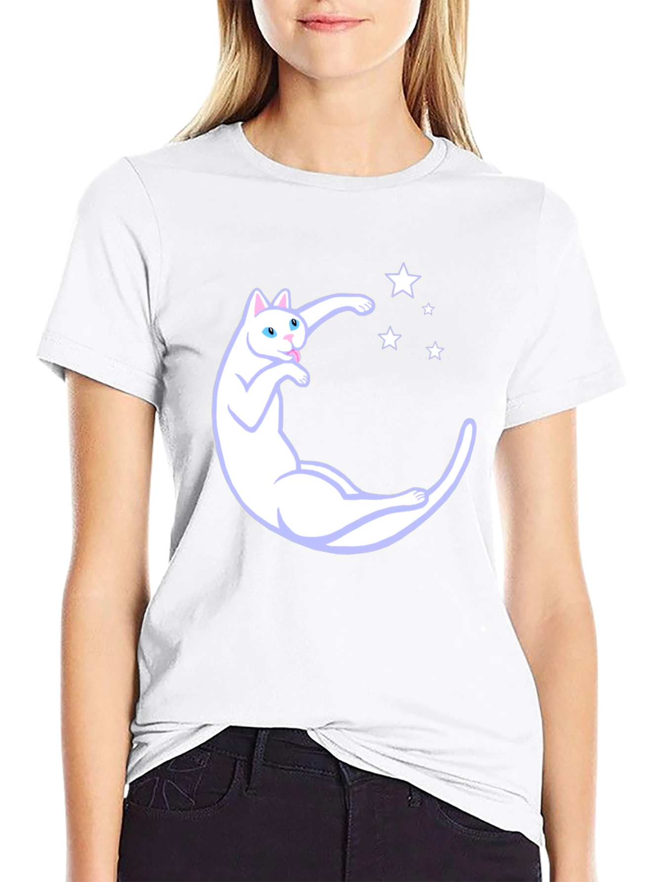 Cute Cat Moon & Stars Graphic Black T-Shirt