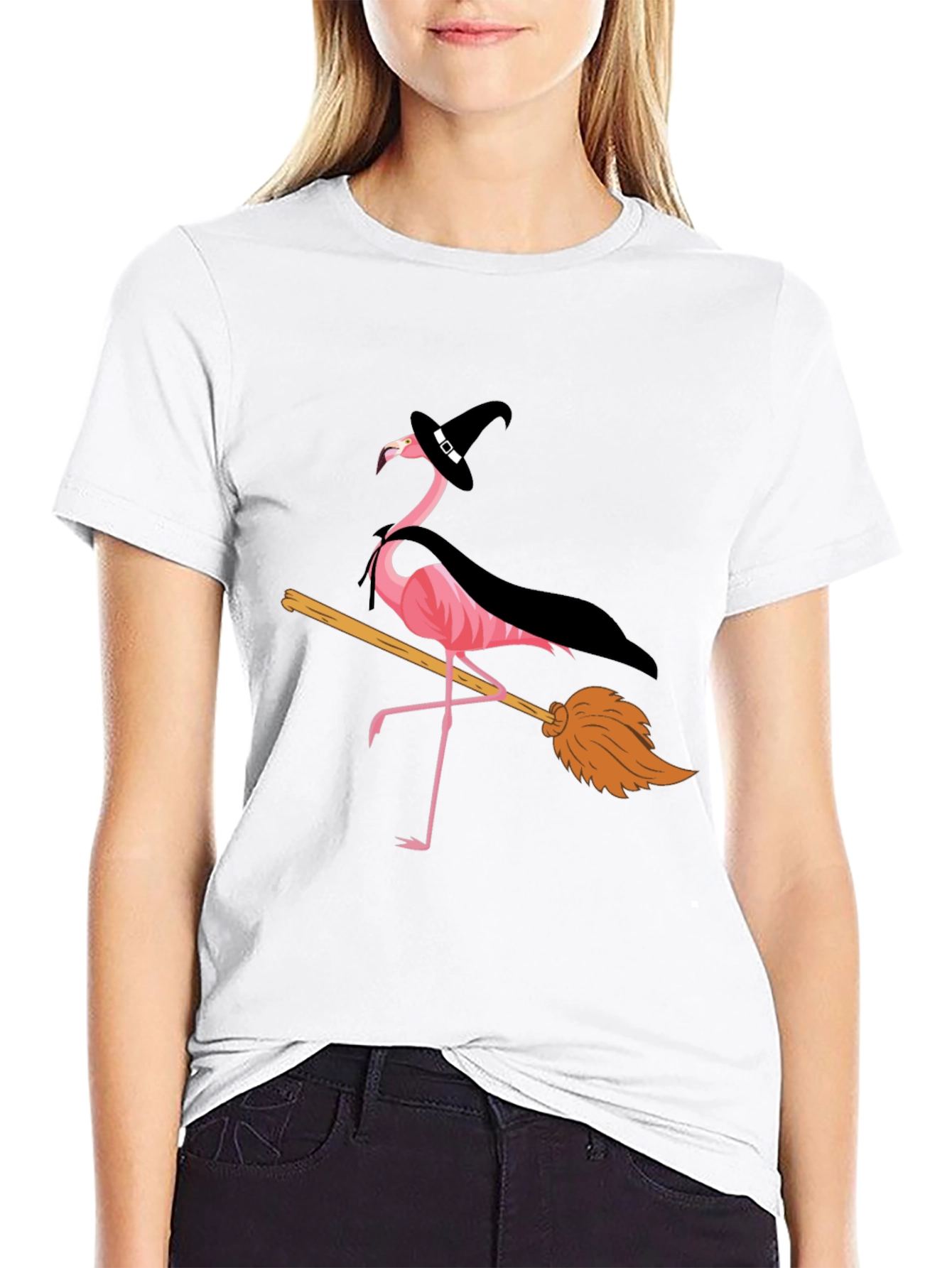 Halloween Flamingo T-Shirt: Witch on a Broomstick