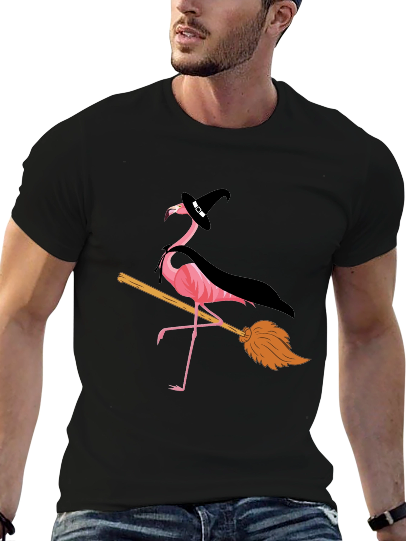 Halloween Flamingo T-Shirt: Witch on a Broomstick