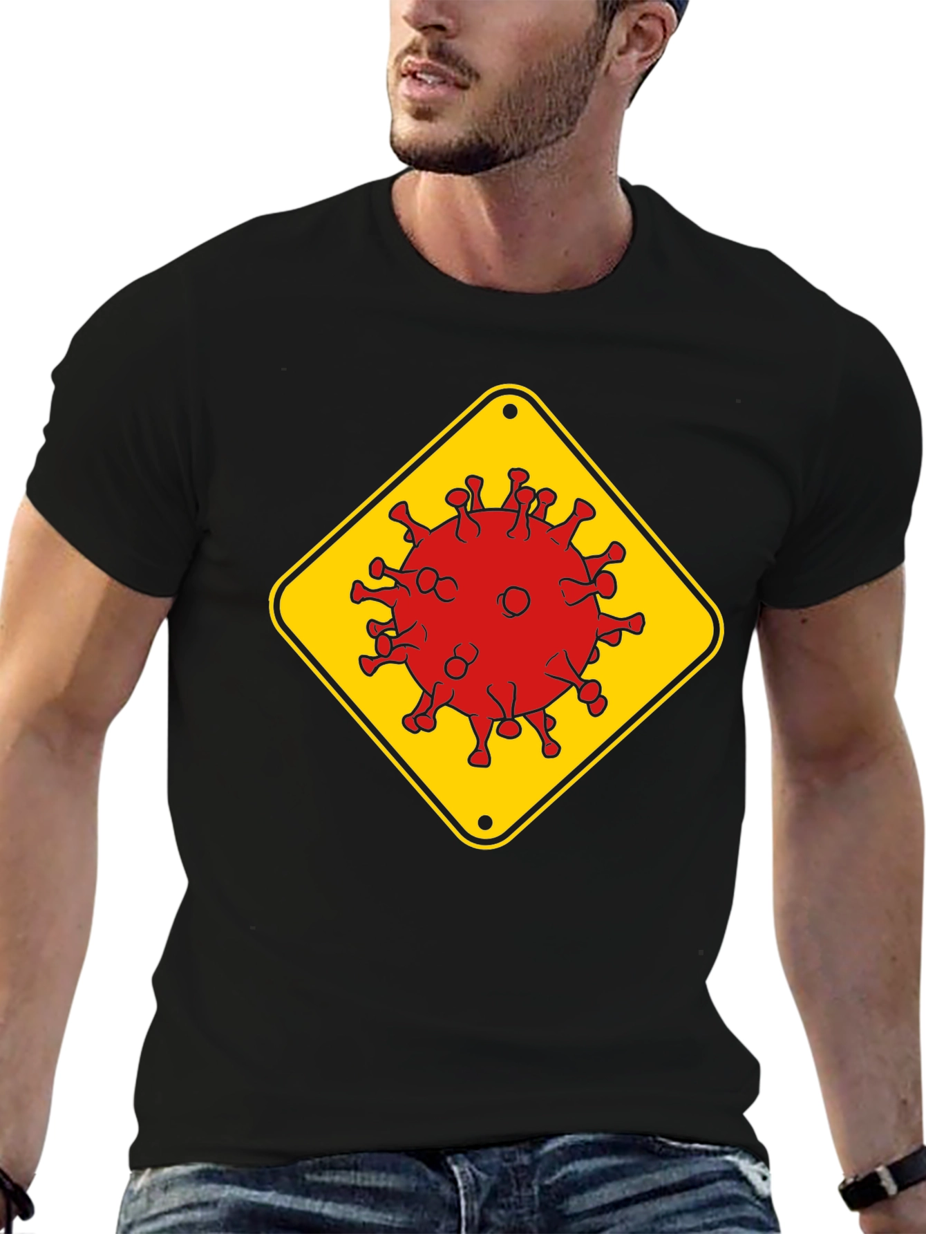 Caution Virus Graphic Tee - Black Cotton T-Shirt