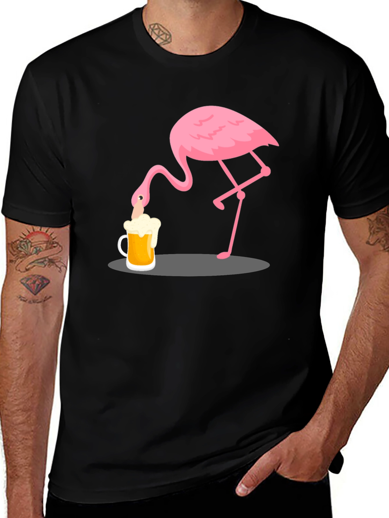 Flamingo Drinking Beer Graphic T-Shirt