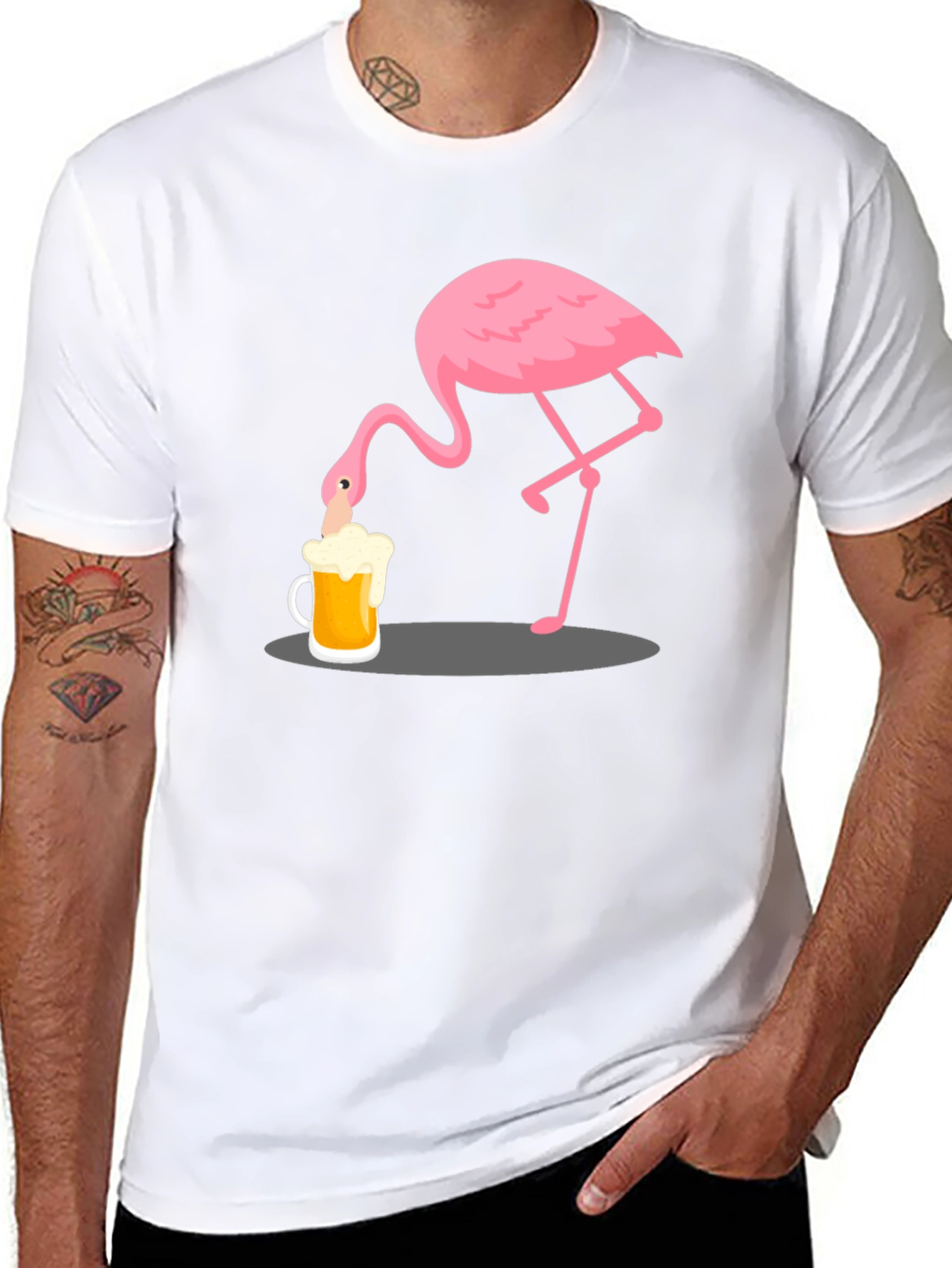 Flamingo Drinking Beer Graphic T-Shirt