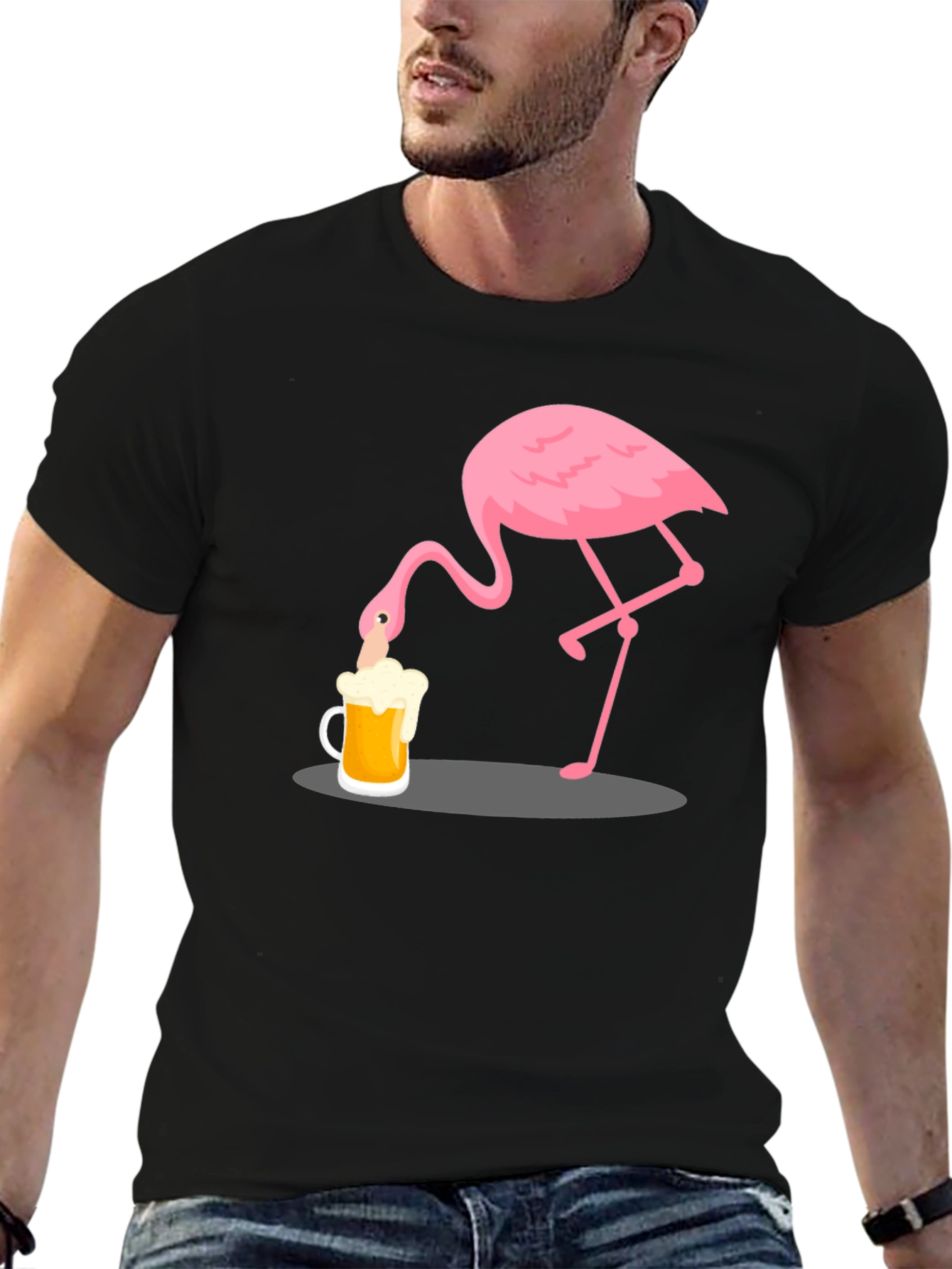 Flamingo Drinking Beer Graphic T-Shirt