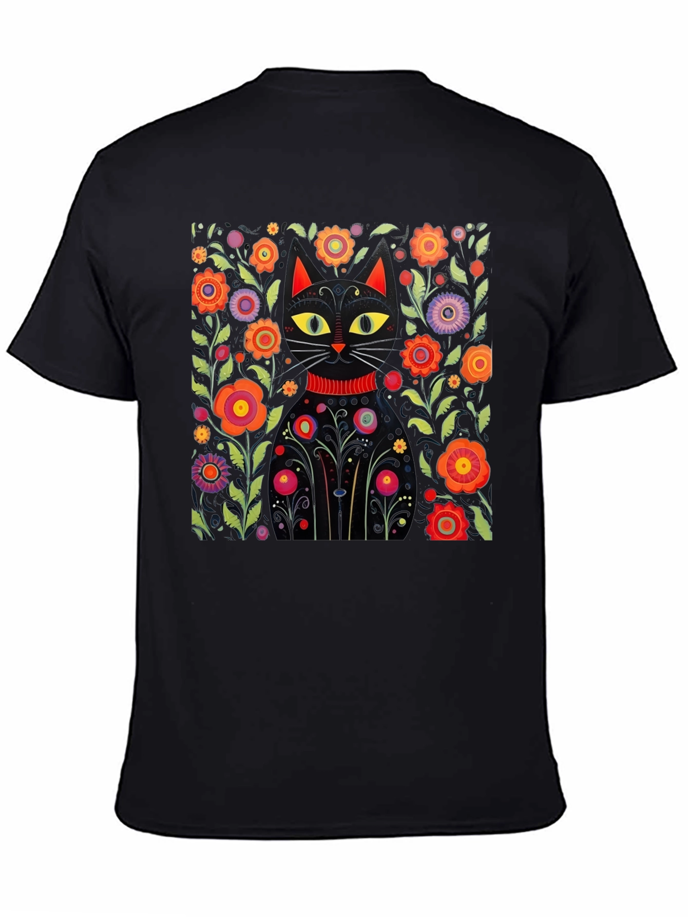 Floral Cat Graphic Black T-Shirt