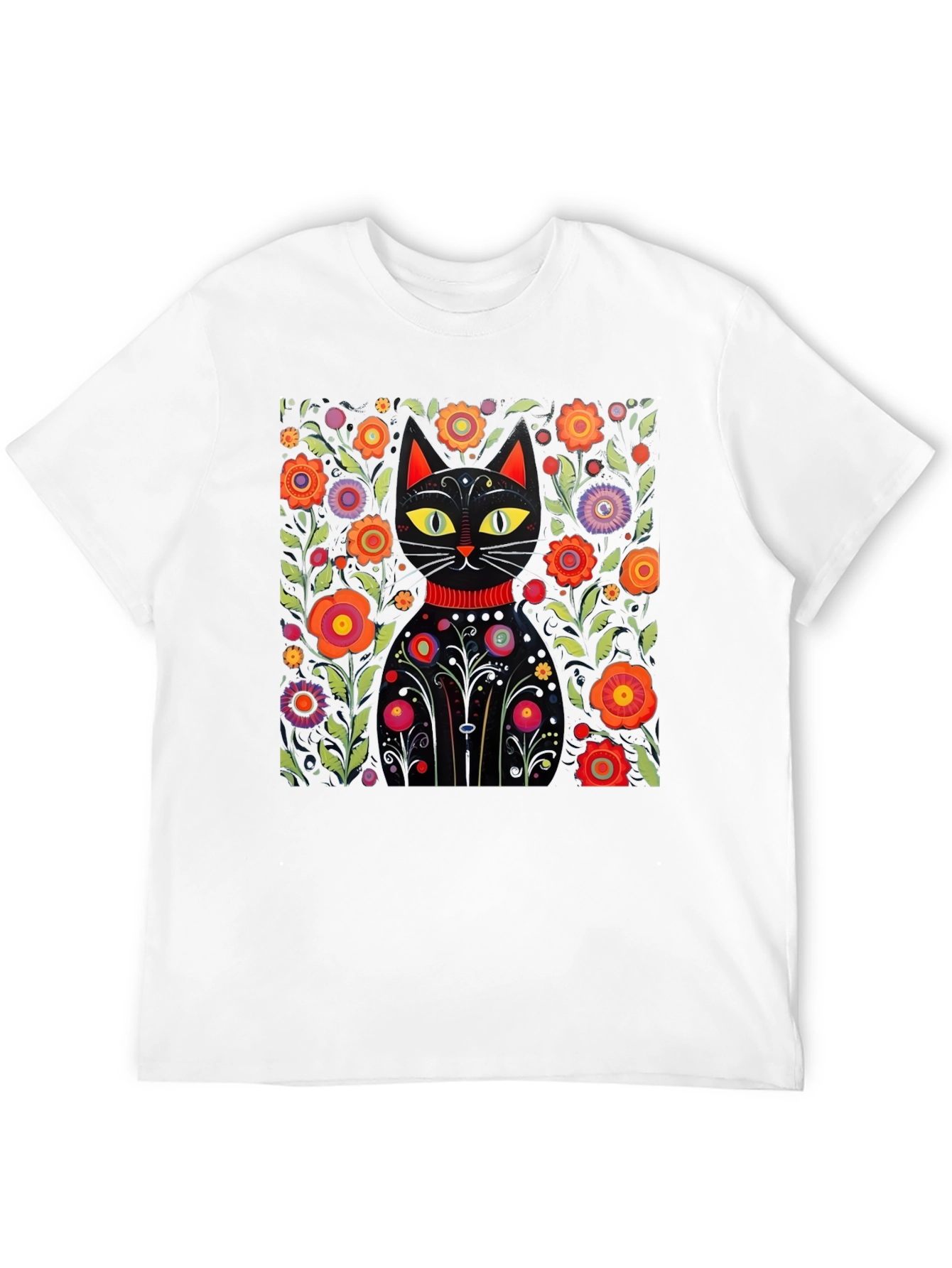 Floral Cat Graphic Black T-Shirt