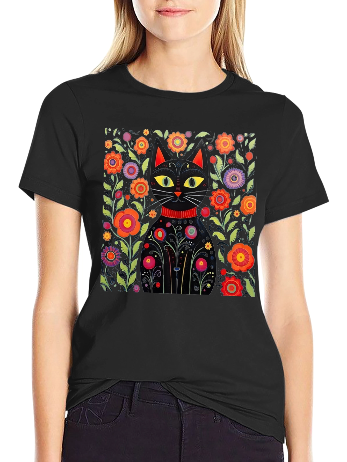 Floral Cat Graphic Black T-Shirt