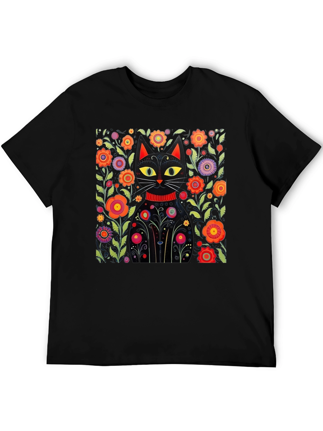 Floral Cat Graphic Black T-Shirt