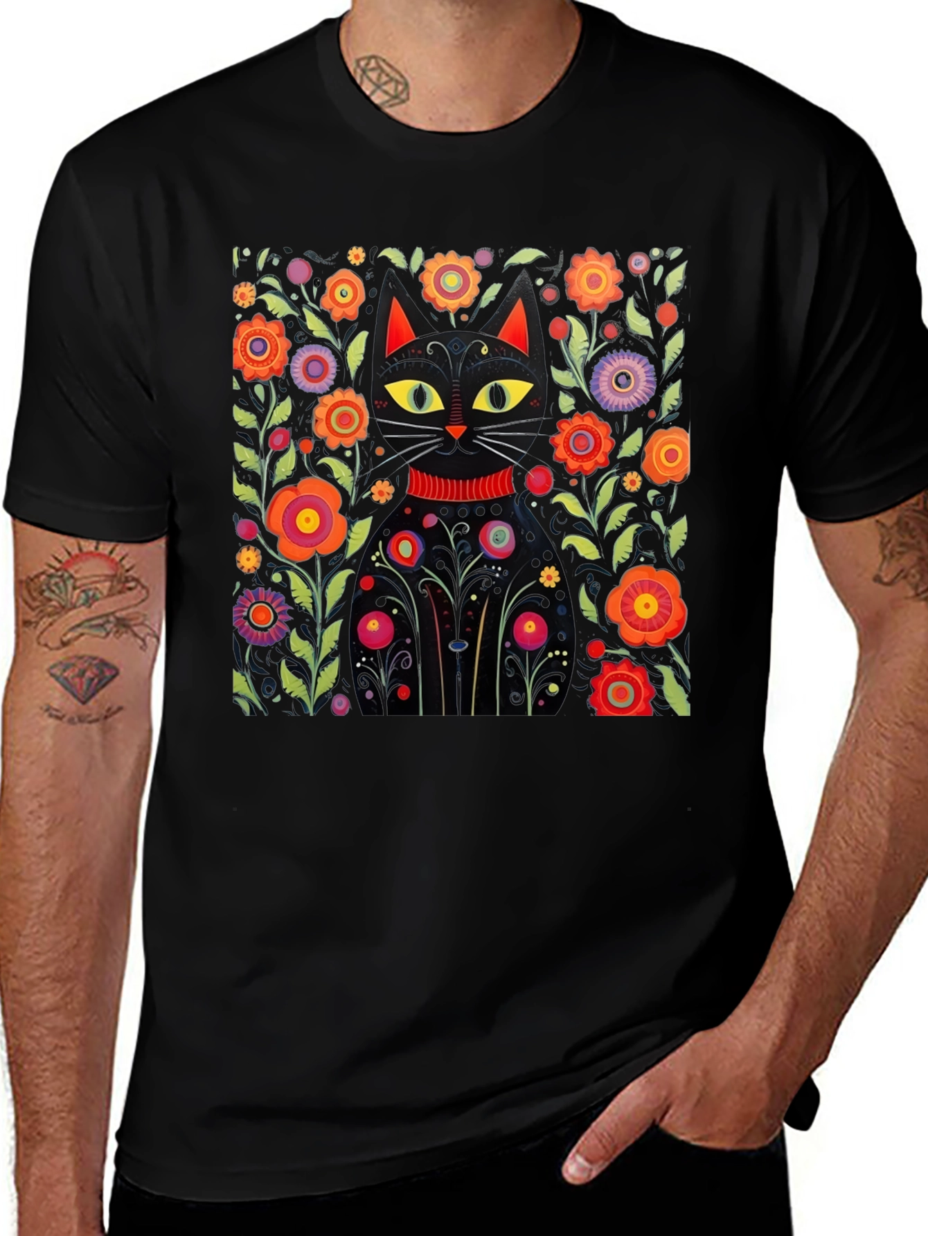 Floral Cat Graphic Black T-Shirt
