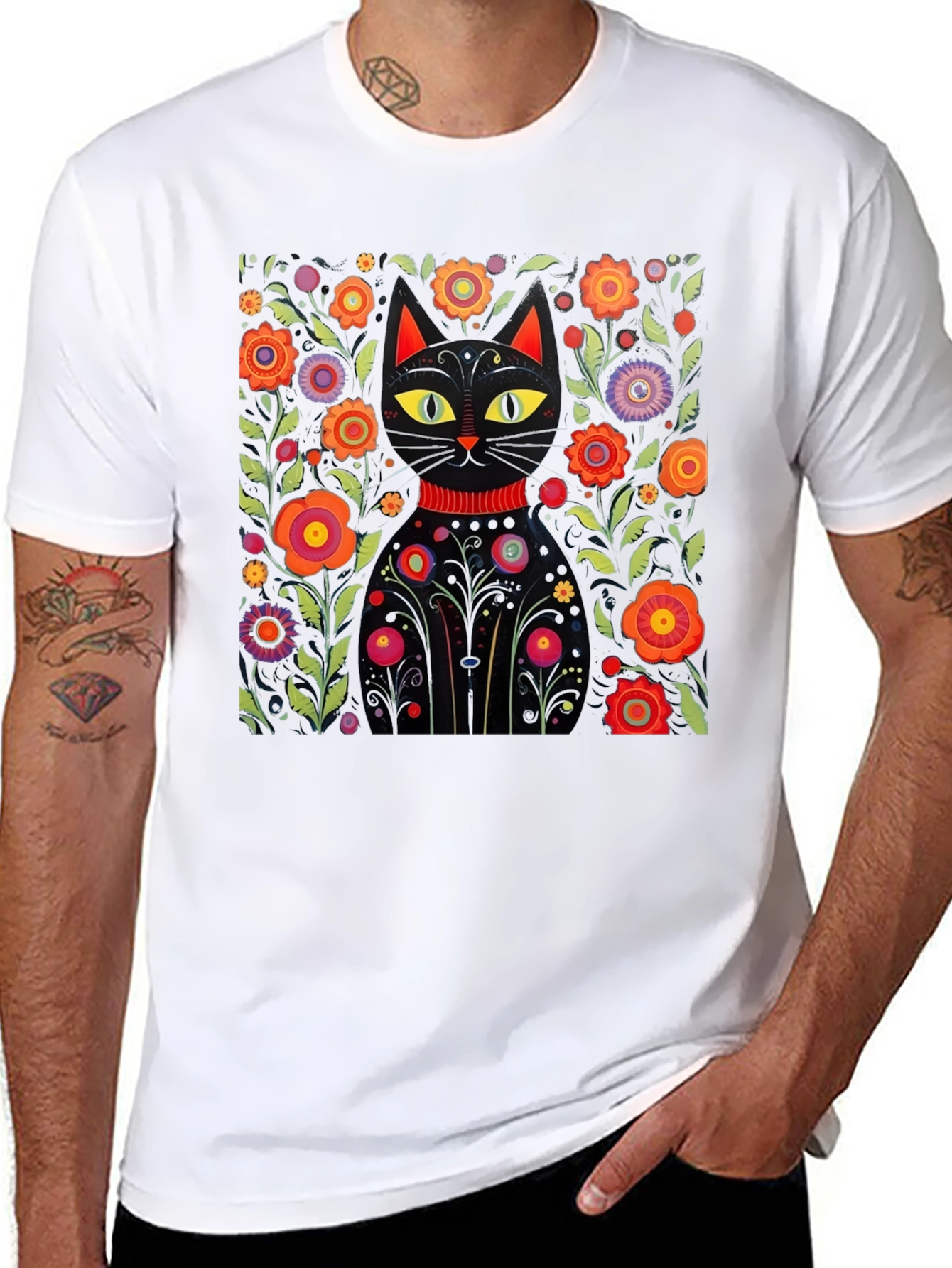 Floral Cat Graphic Black T-Shirt