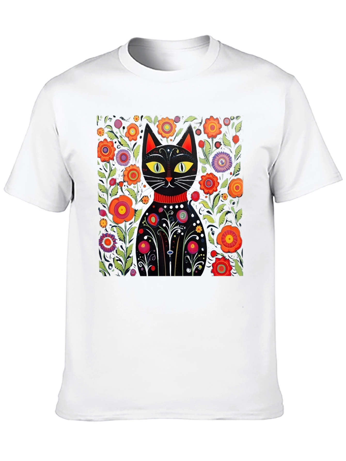 Floral Cat Graphic Black T-Shirt