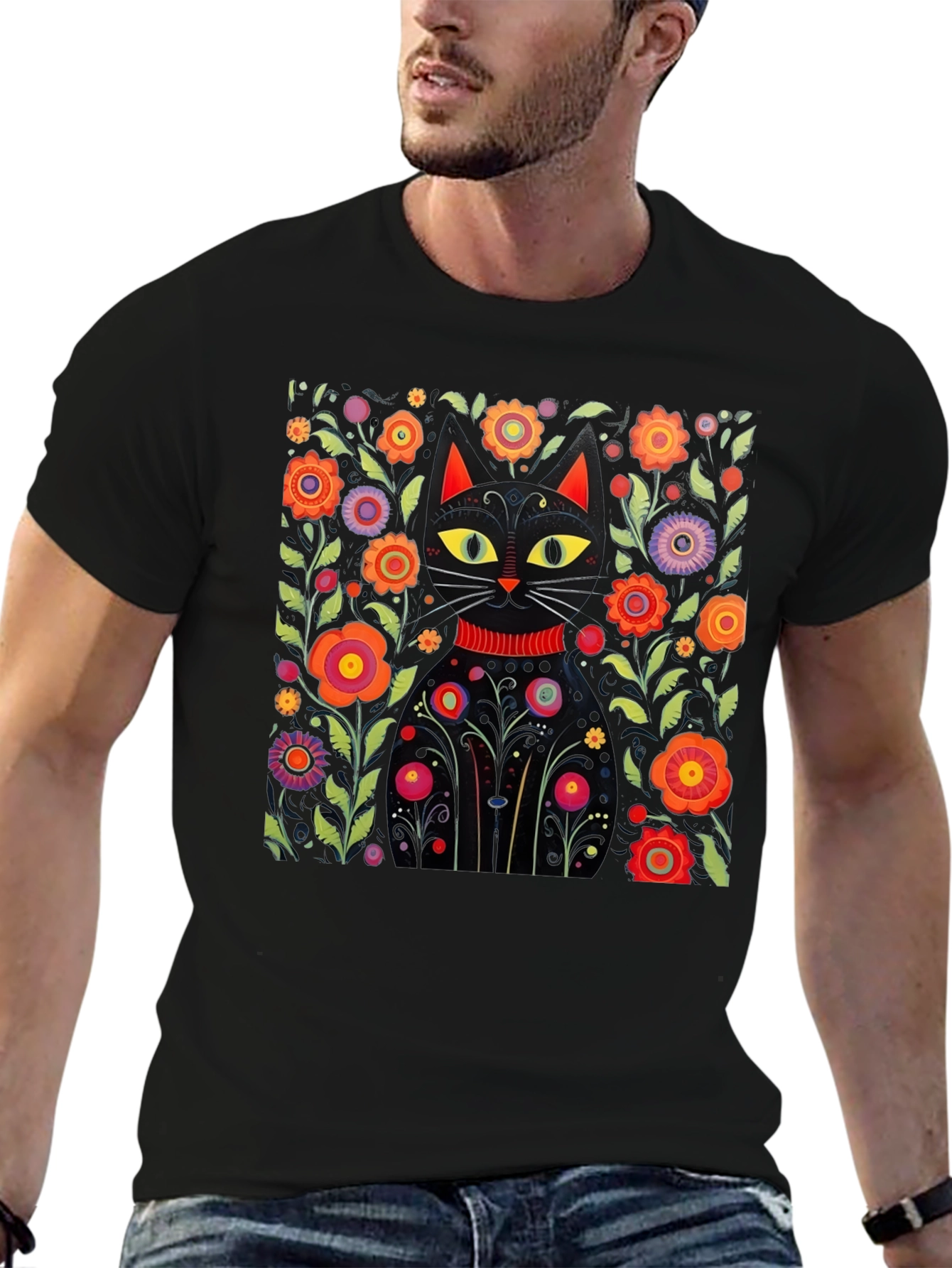 Floral Cat Graphic Black T-Shirt