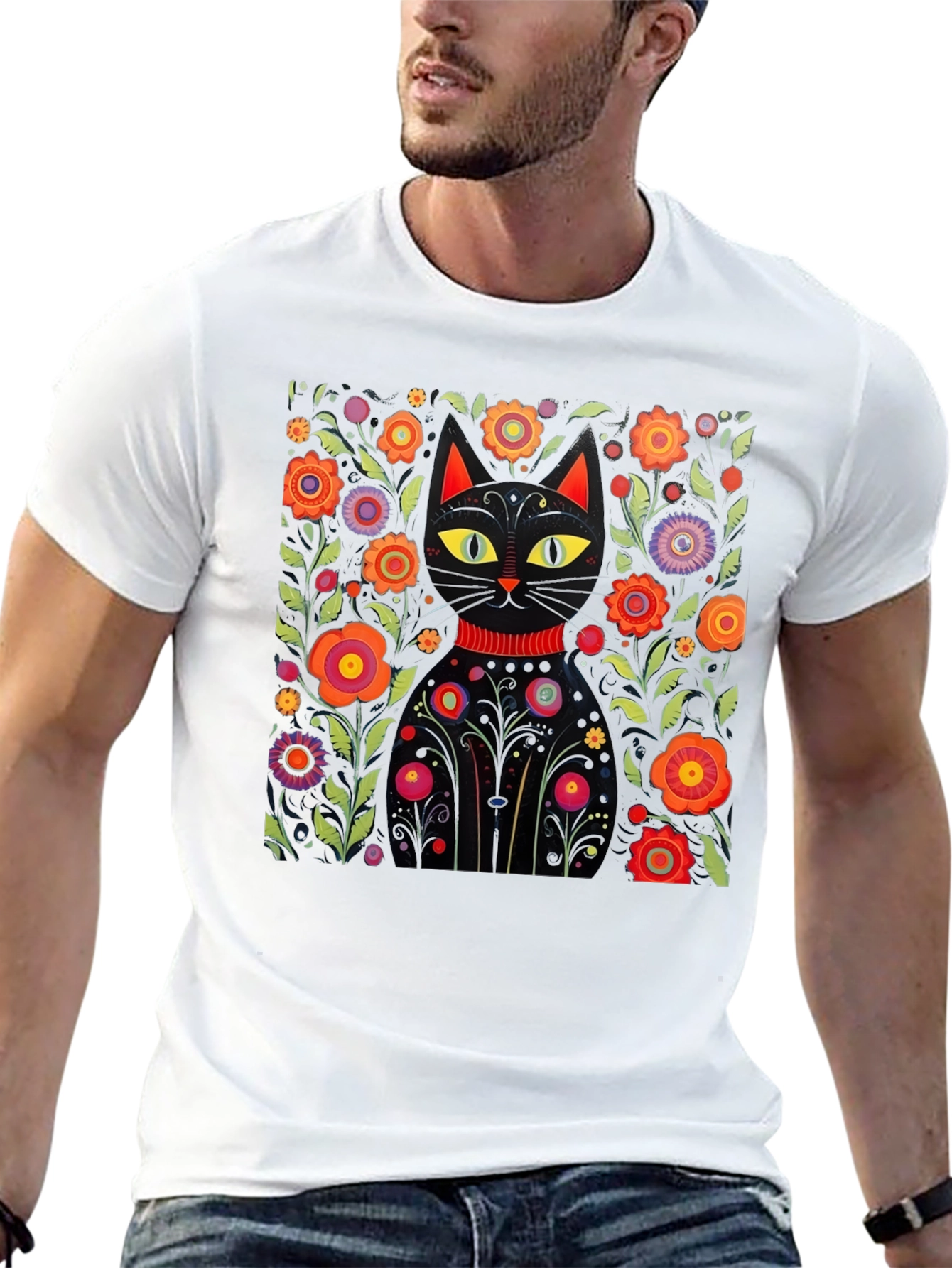 Floral Cat Graphic Black T-Shirt