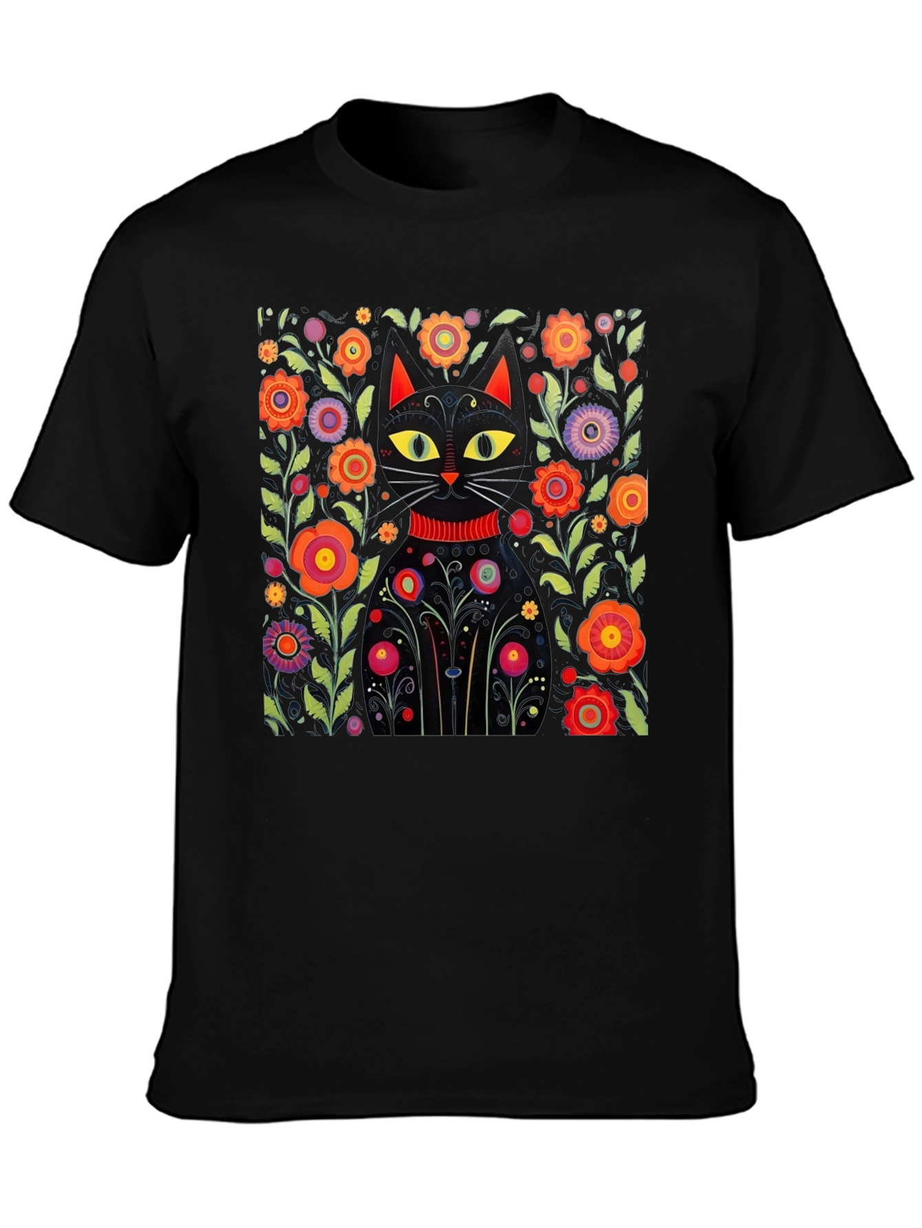 Floral Cat Graphic Black T-Shirt