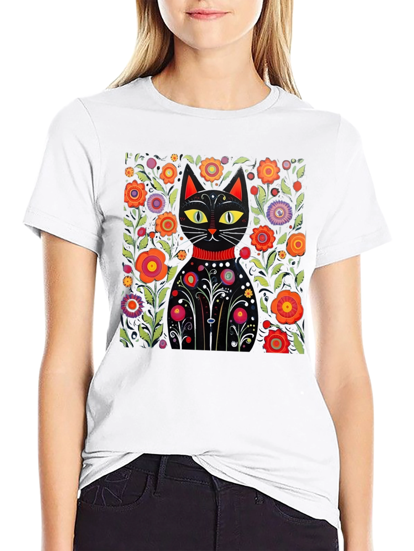 Floral Cat Graphic Black T-Shirt