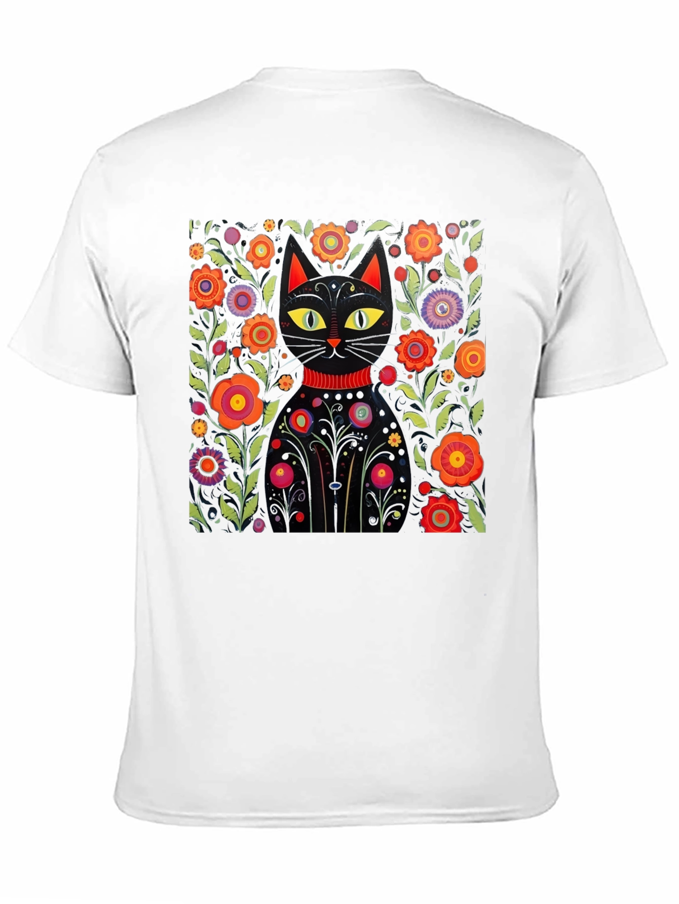 Floral Cat Graphic Black T-Shirt