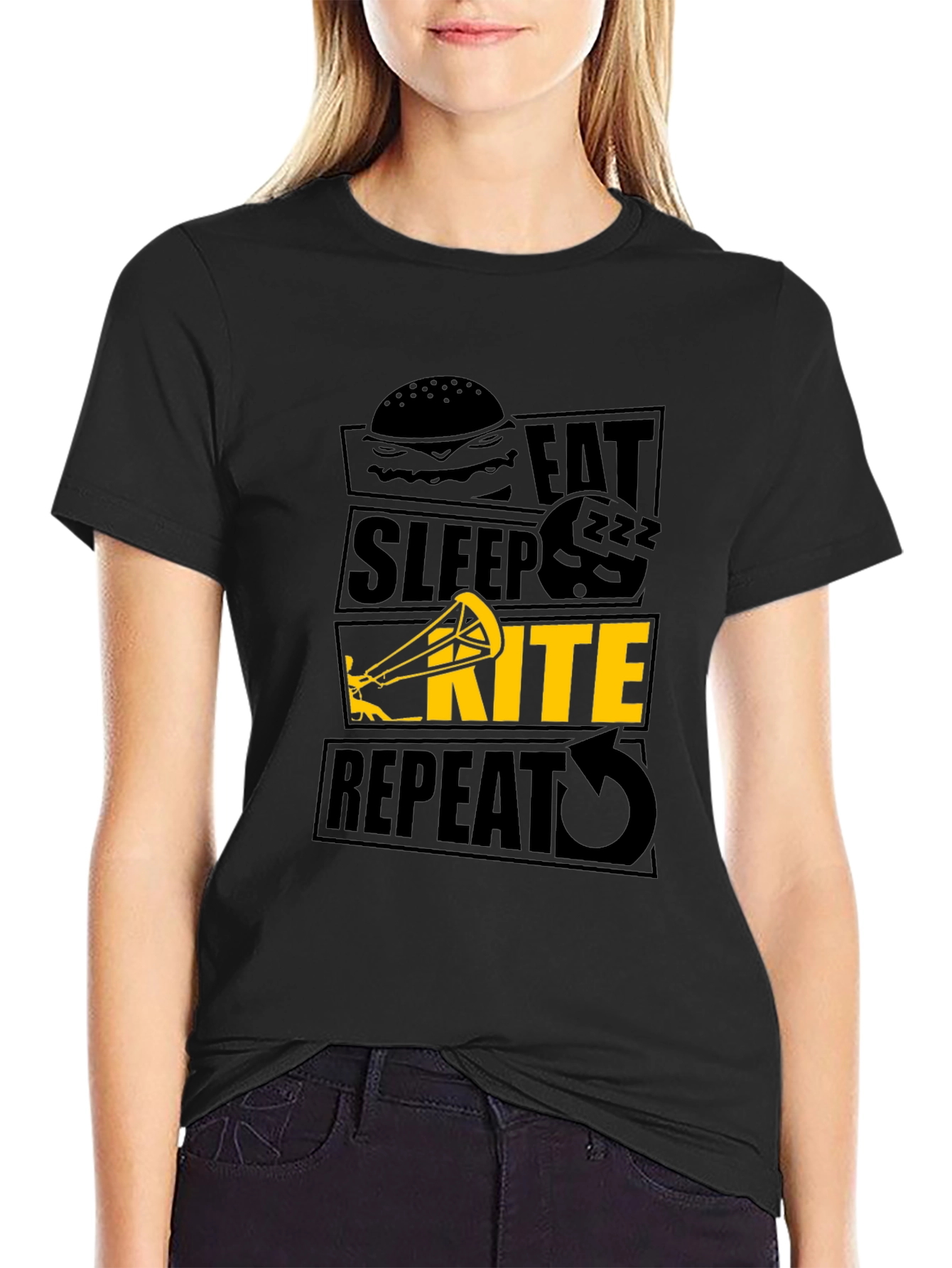 Eat Sleep Kite Repeat Black T-Shirt