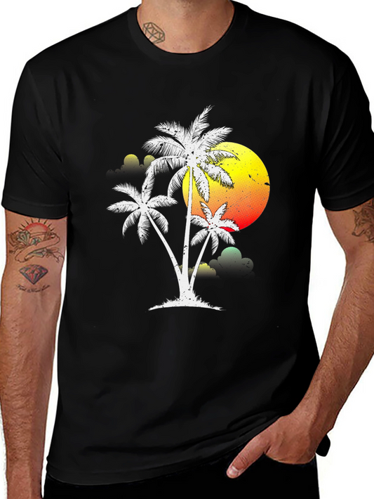 Tropical Palm Tree Sunset Graphic Tee - Black Cotton Shirt