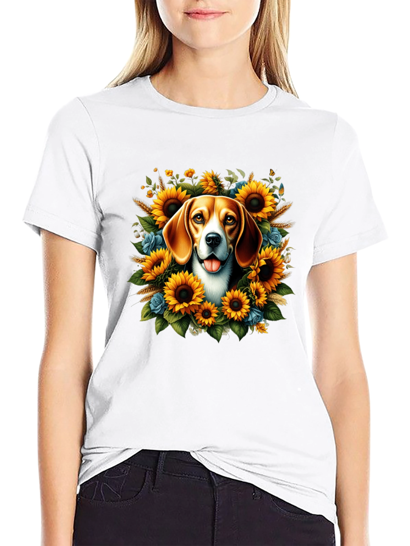 Dog Surrounded by Sunflowers Black T-Shirt