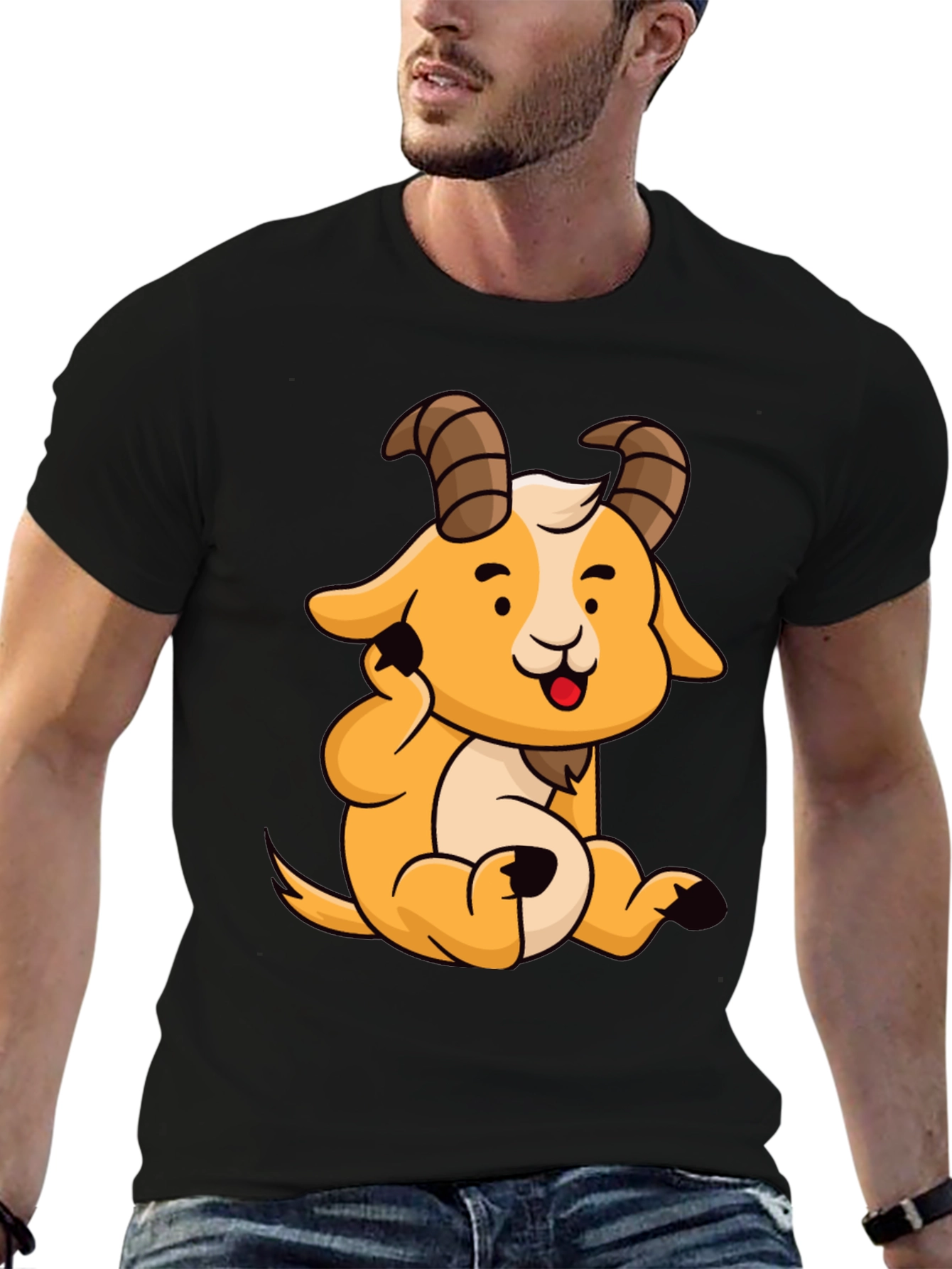 Cute Cartoon Goat Graphic Tee - Black Cotton Shirt