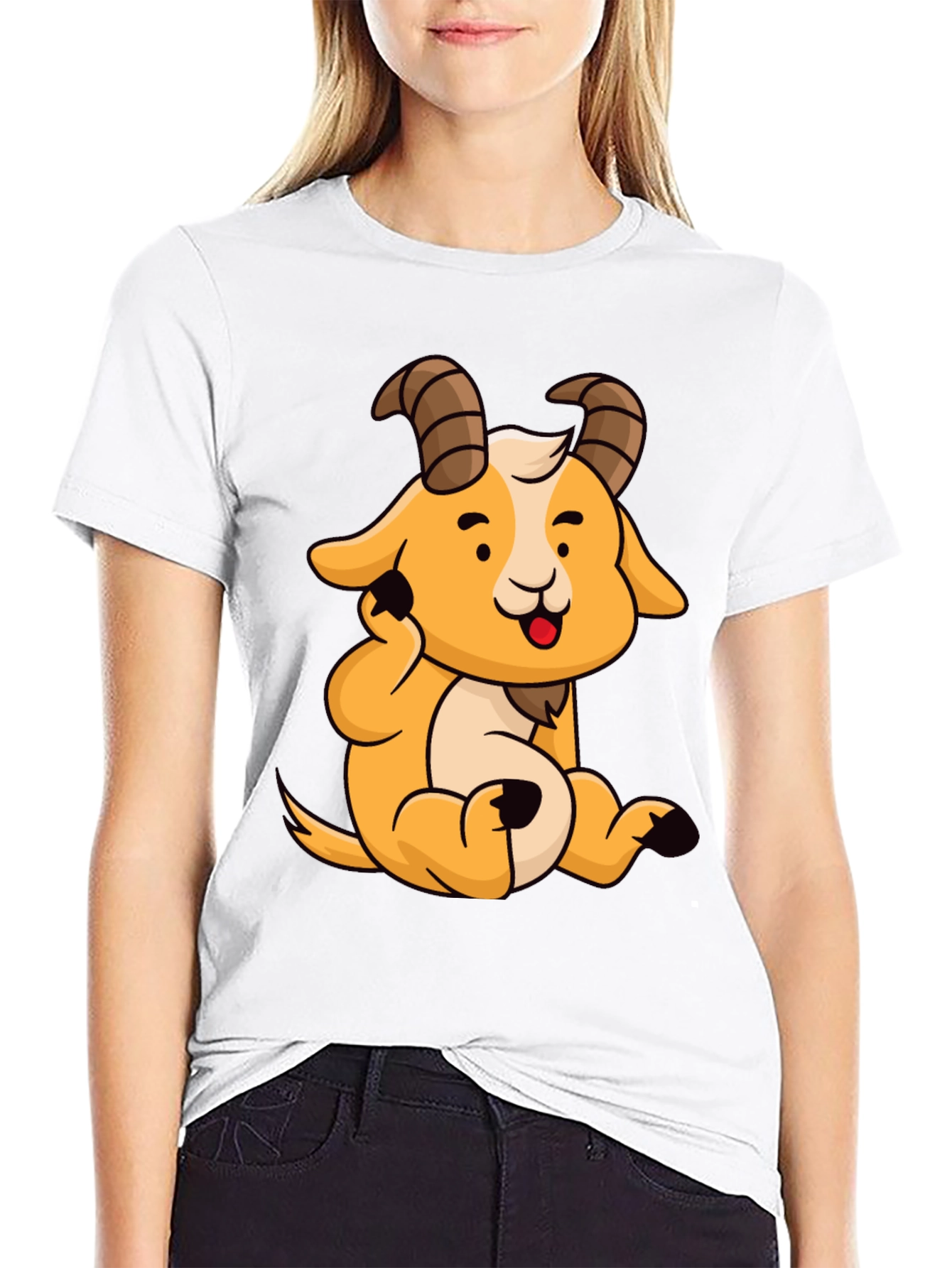 Cute Cartoon Goat Graphic Tee - Black Cotton Shirt