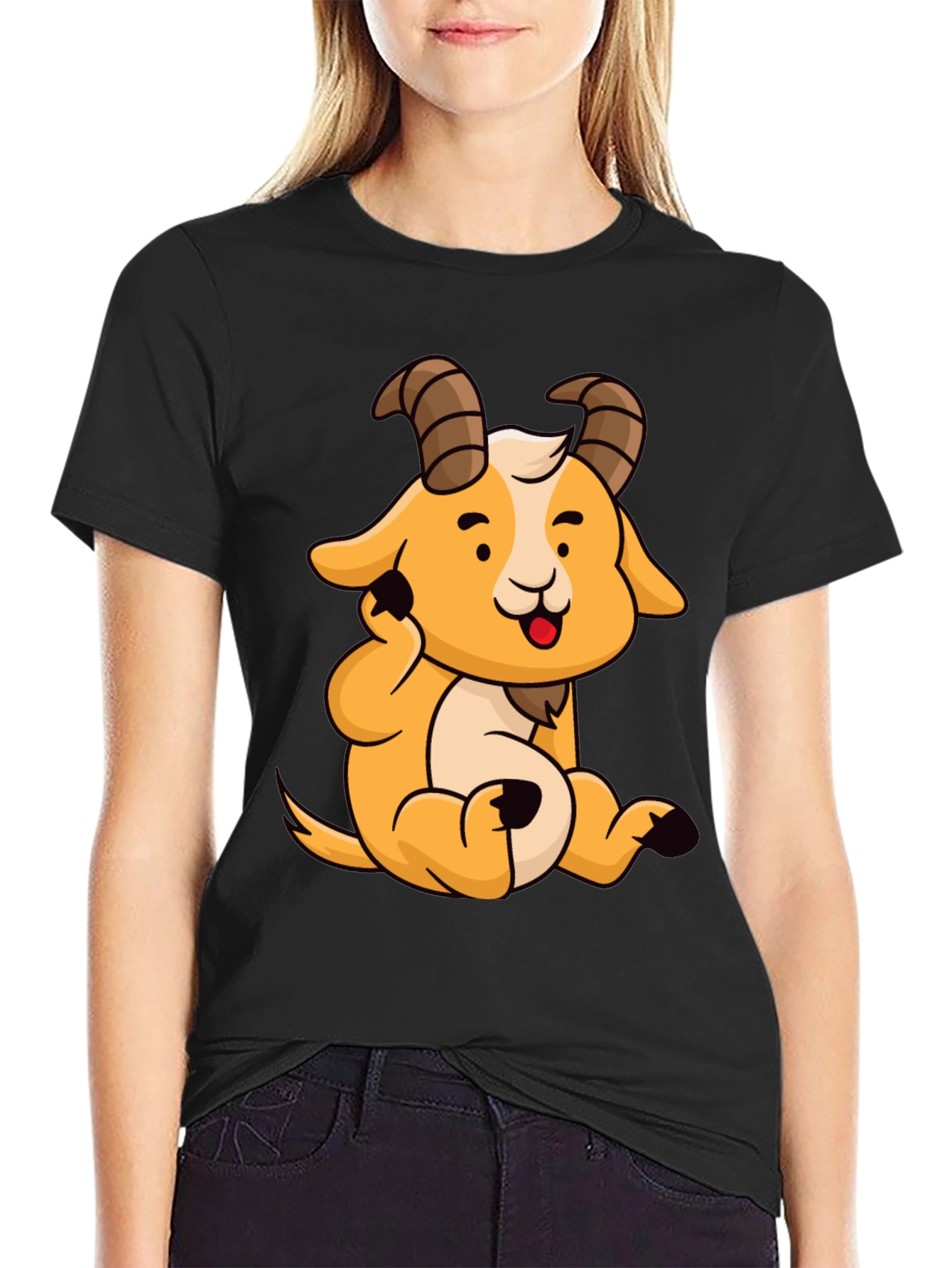 Cute Cartoon Goat Graphic Tee - Black Cotton Shirt