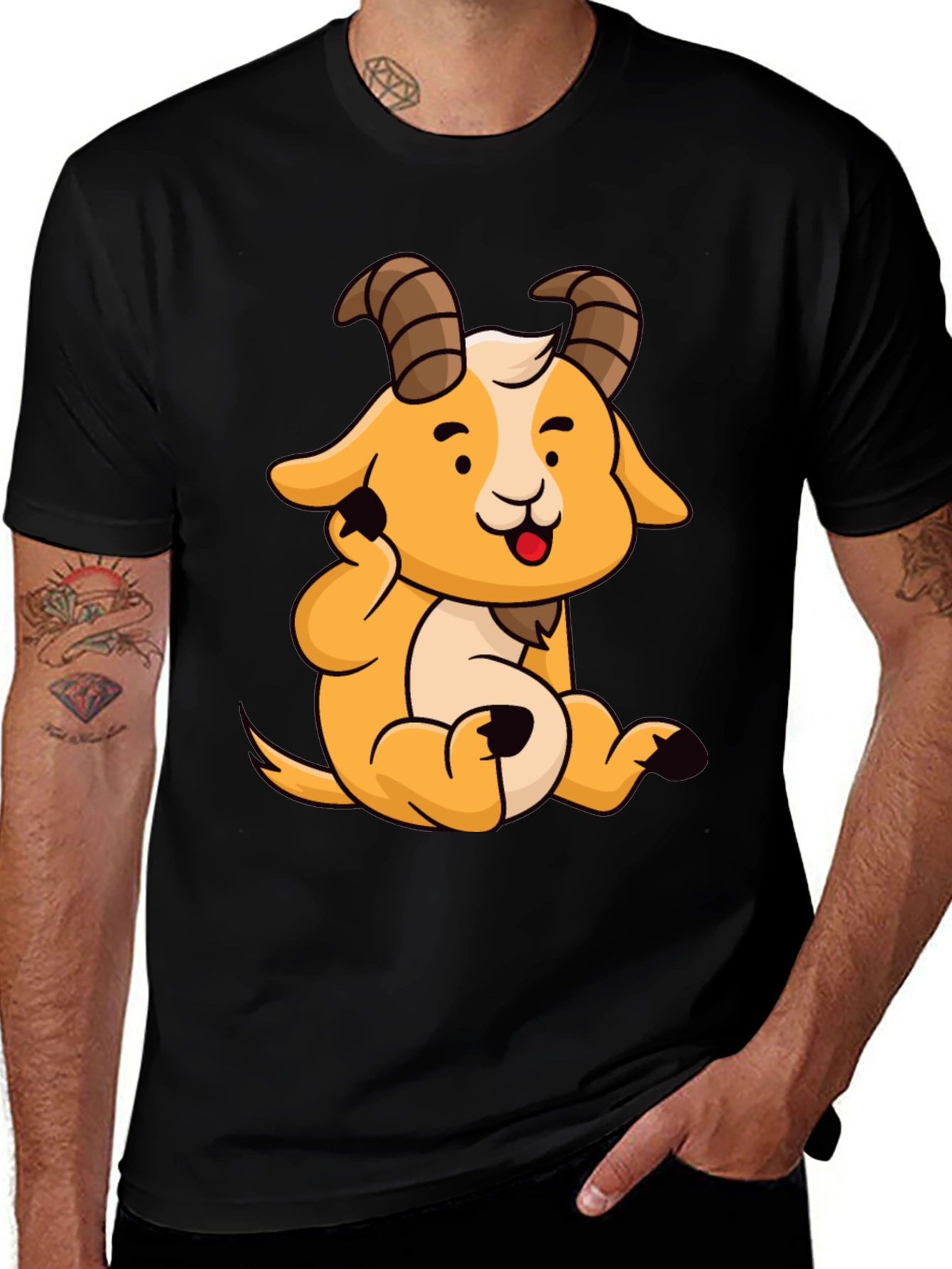 Cute Cartoon Goat Graphic Tee - Black Cotton Shirt