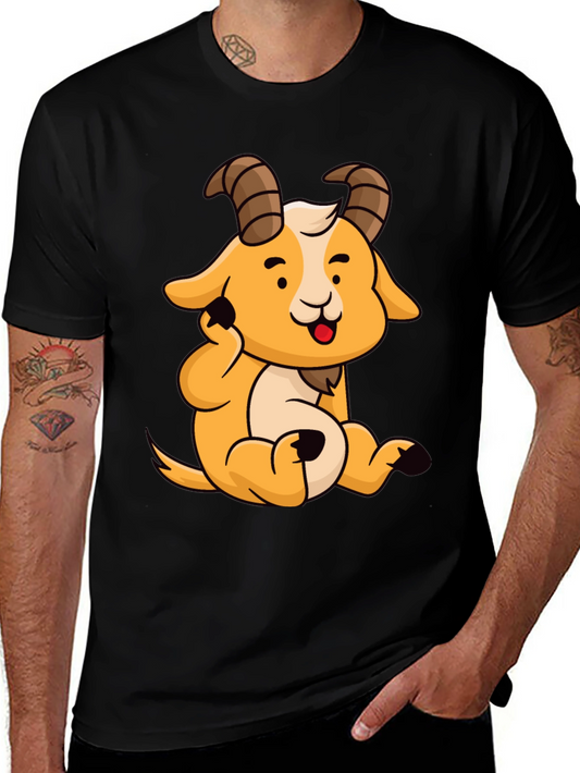 Cute Cartoon Goat Graphic Tee - Black Cotton Shirt