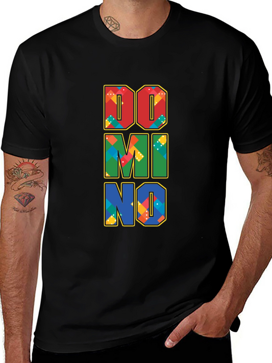 Domino Graphic Tee - Colorful Lettering Black Cotton Shirt