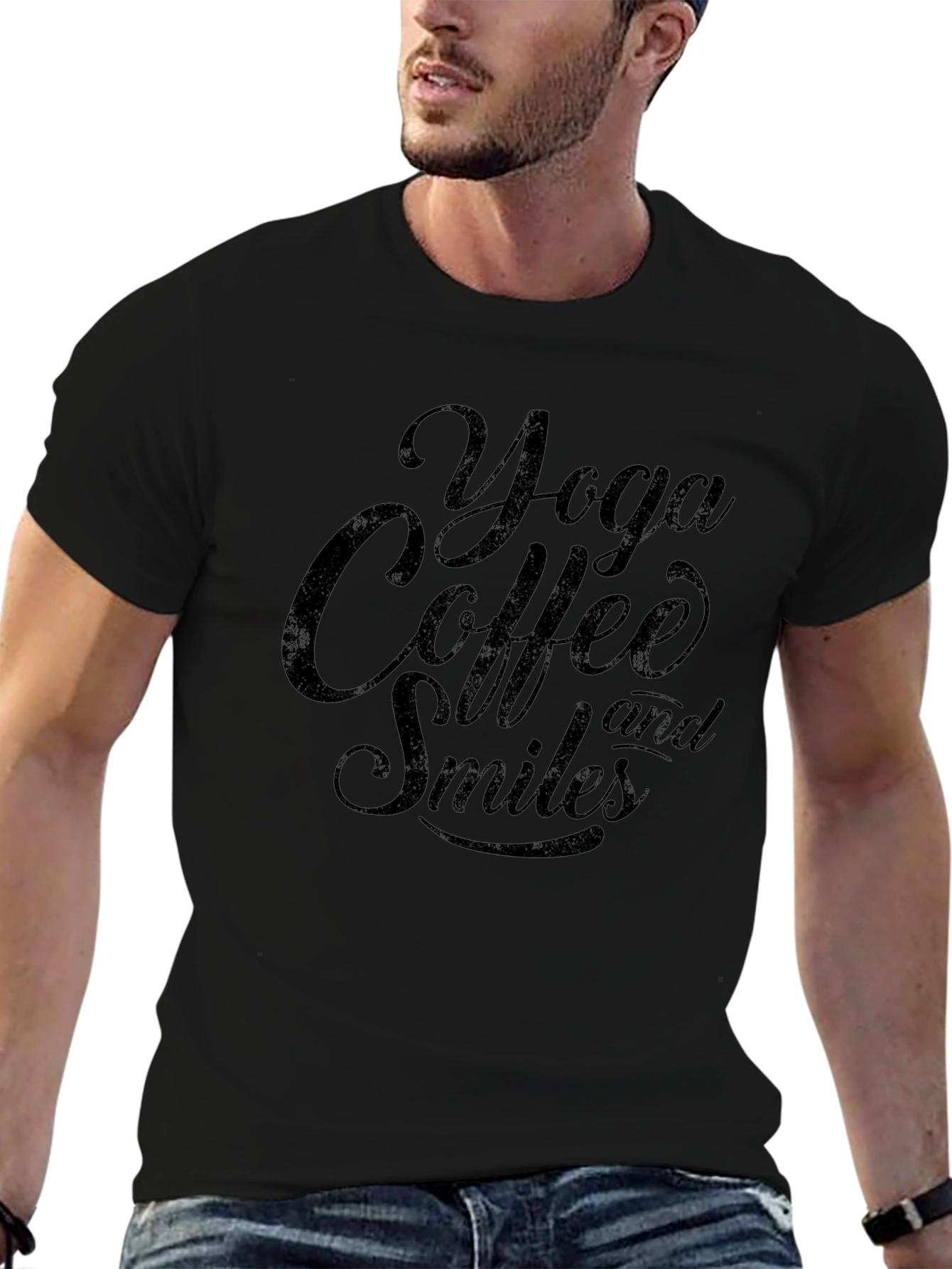 Yoga Coffee and Smiles Black T-Shirt