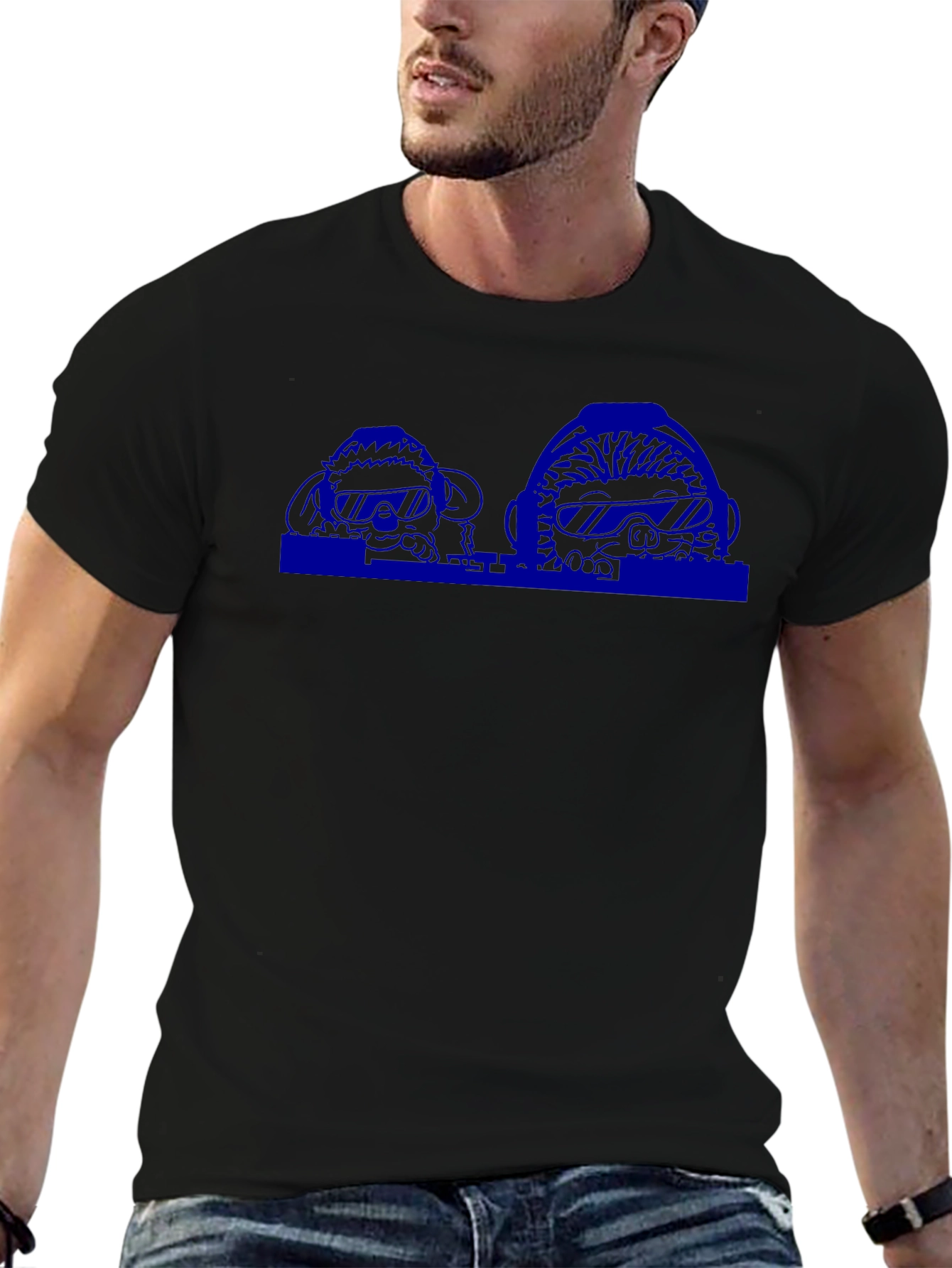 Mens Black T-Shirt with Blue Graphic Print