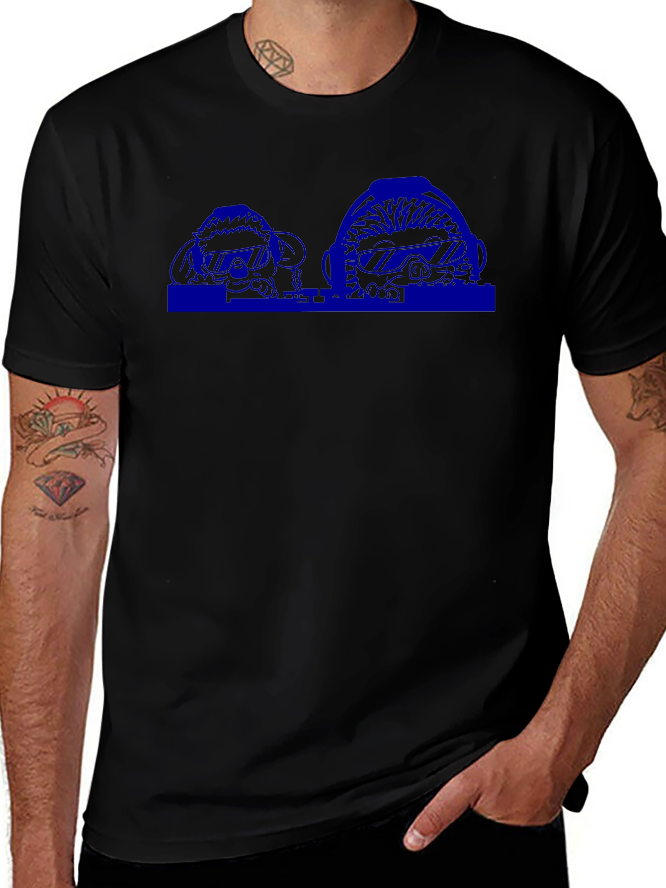 Mens Black T-Shirt with Blue Graphic Print