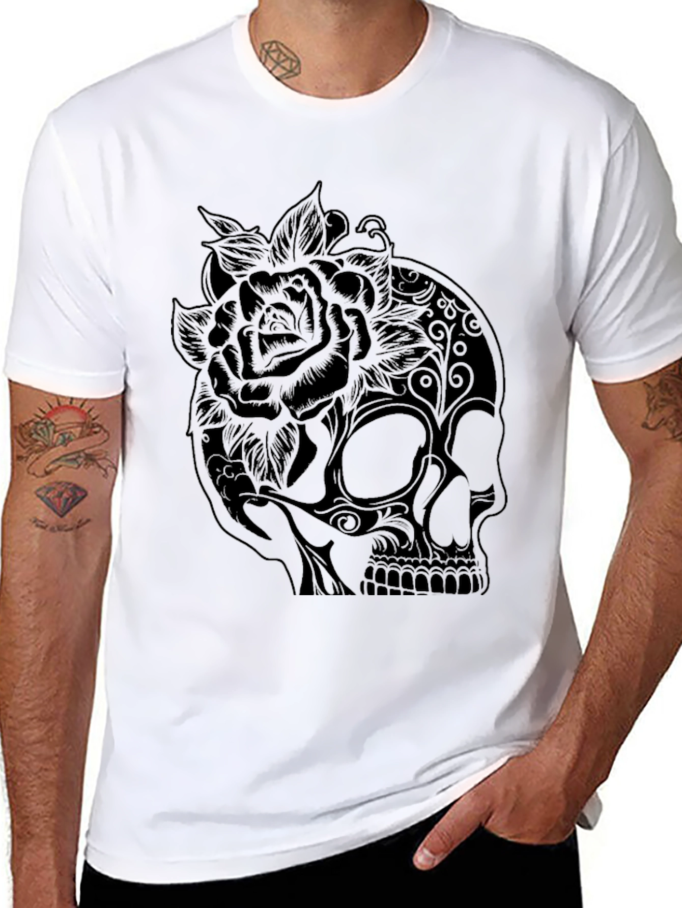 Skull and Rose Graphic Tee - Black