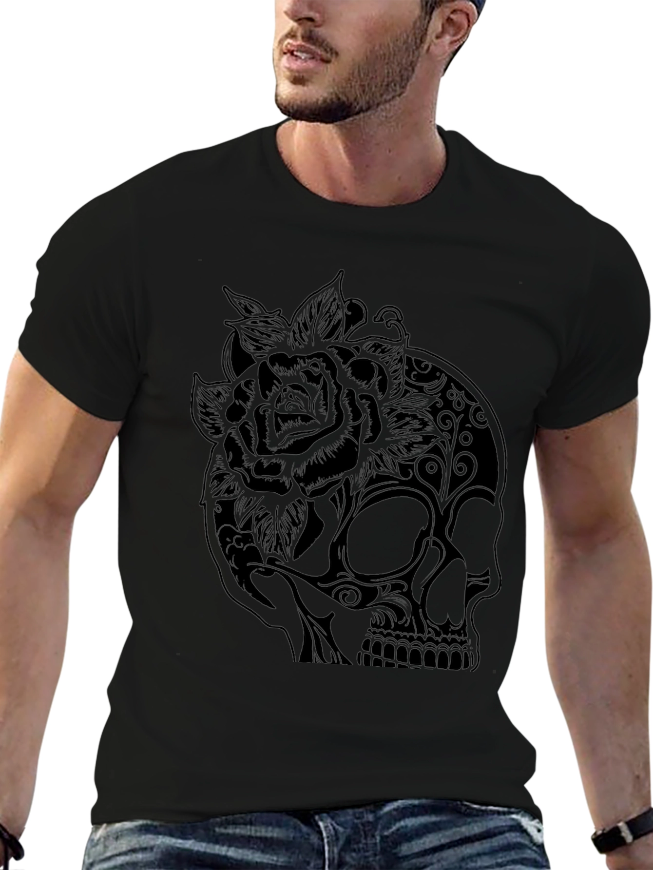 Skull and Rose Graphic Tee - Black