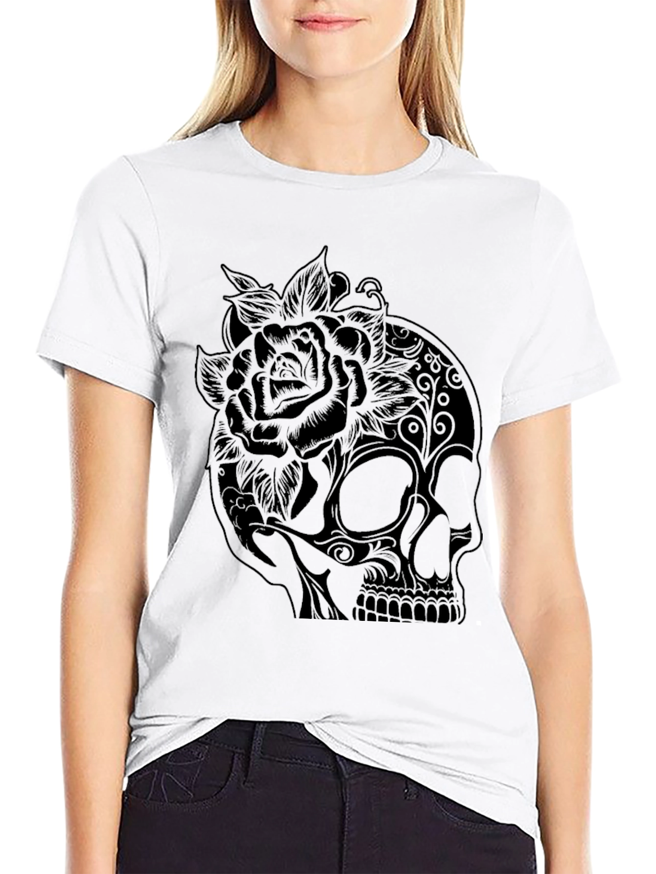 Skull and Rose Graphic Tee - Black