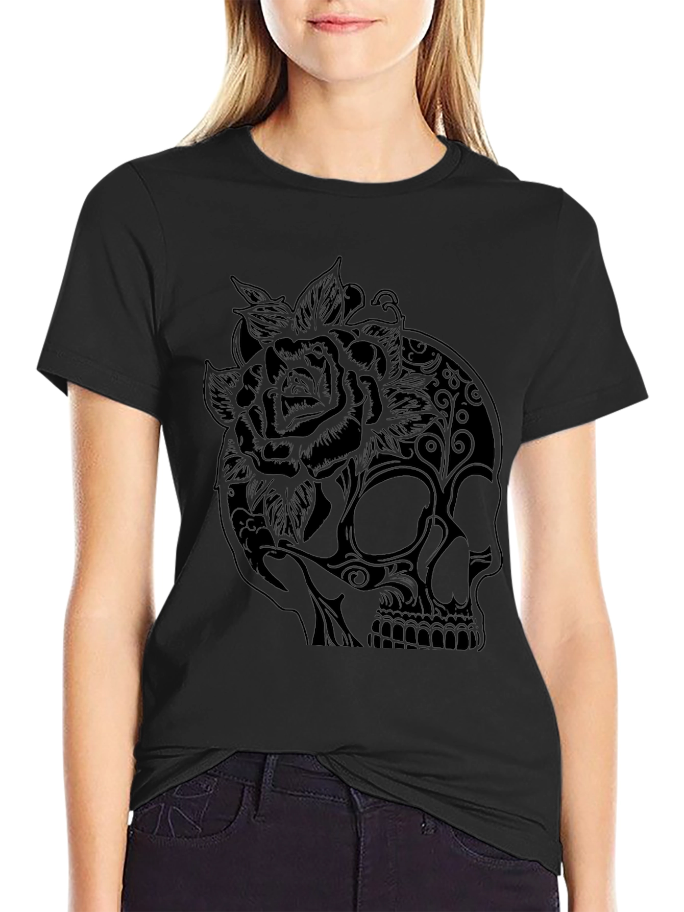 Skull and Rose Graphic Tee - Black