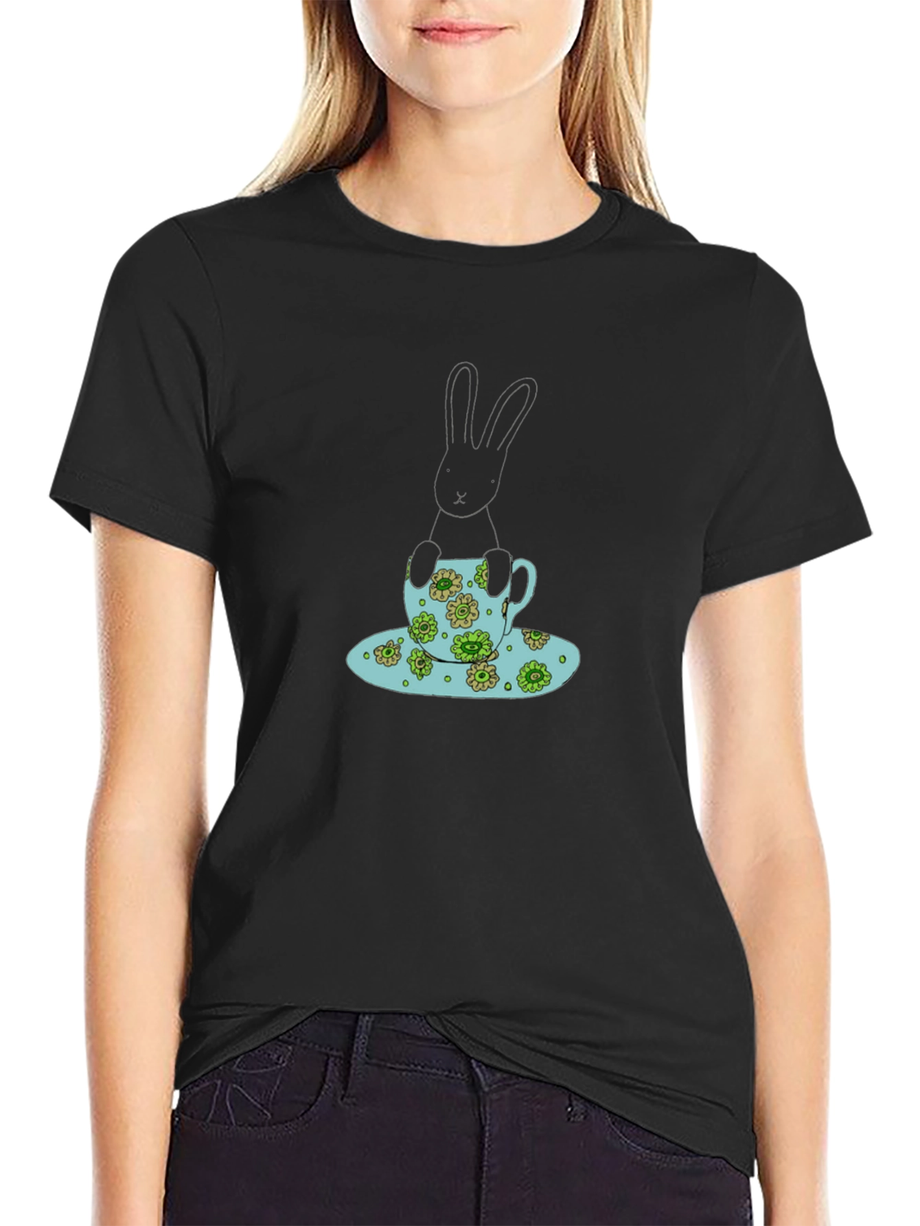 Bunny in Teacup Black T-Shirt