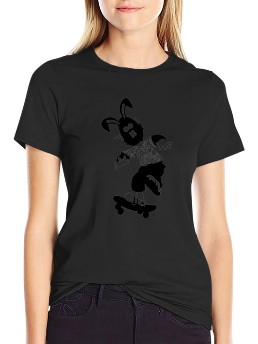 Skateboarding Rabbit Graphic Tee - Cool Black T-Shirt