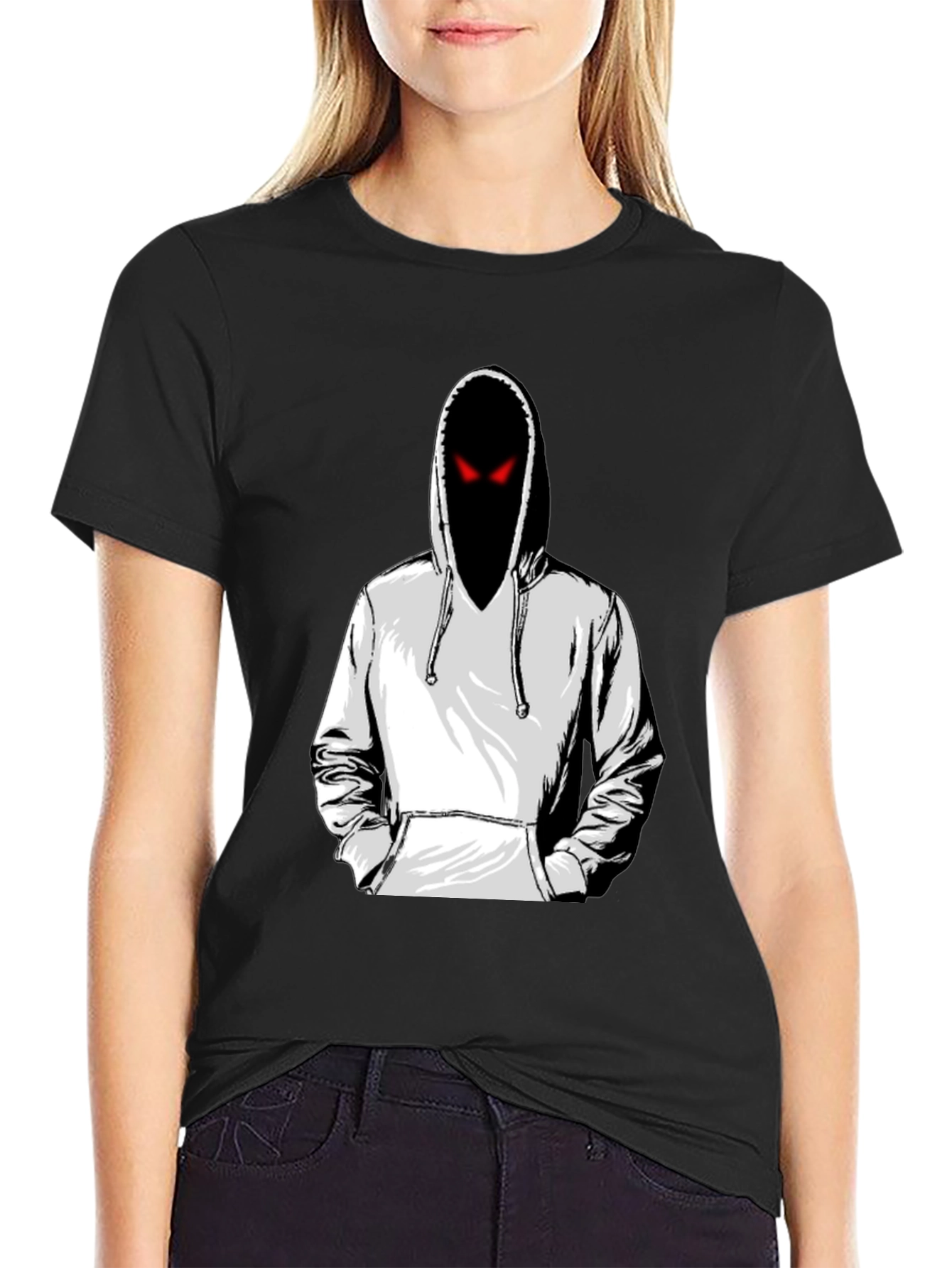 Mens Graphic Tee: Hooded Figure with Red Eyes