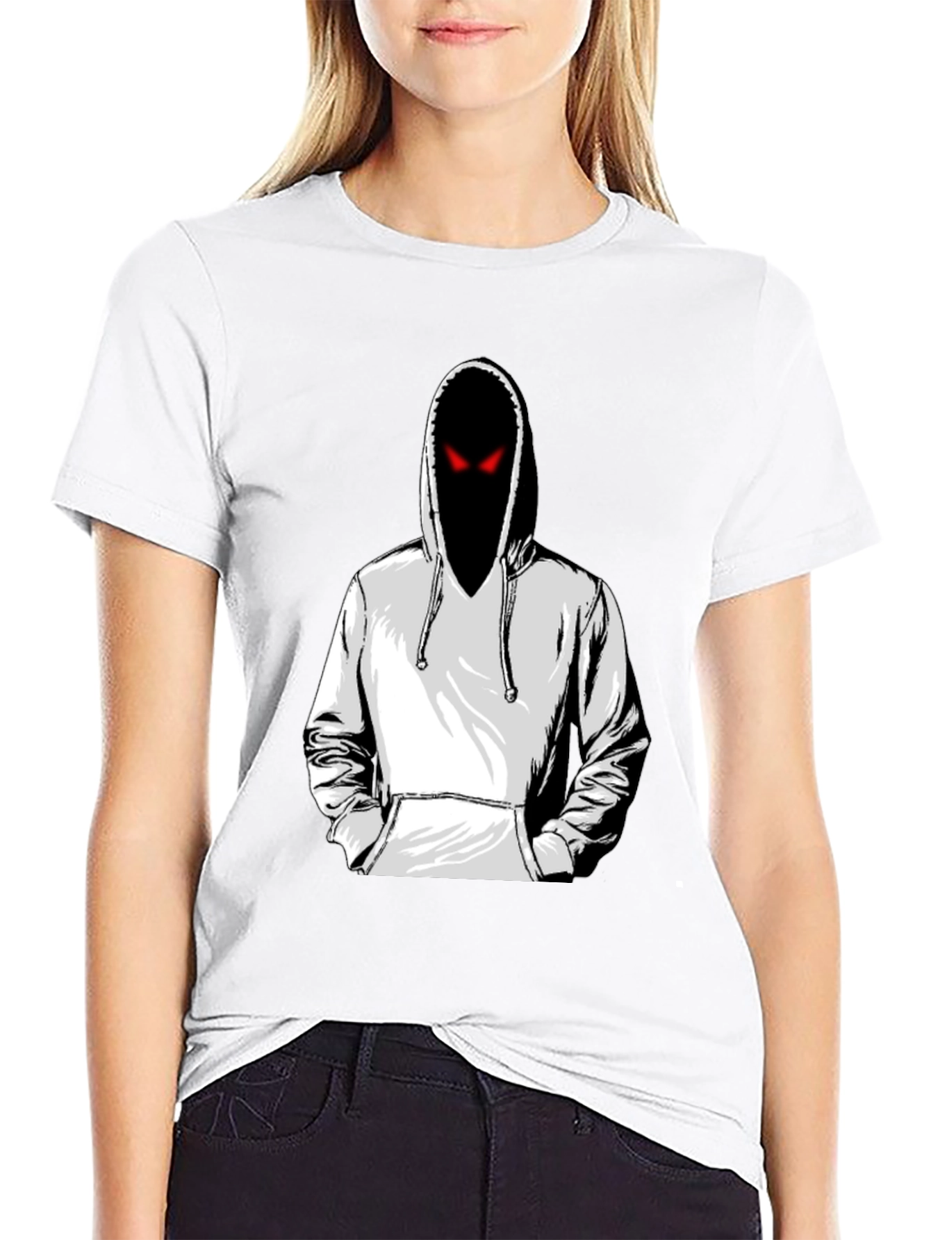 Mens Graphic Tee: Hooded Figure with Red Eyes