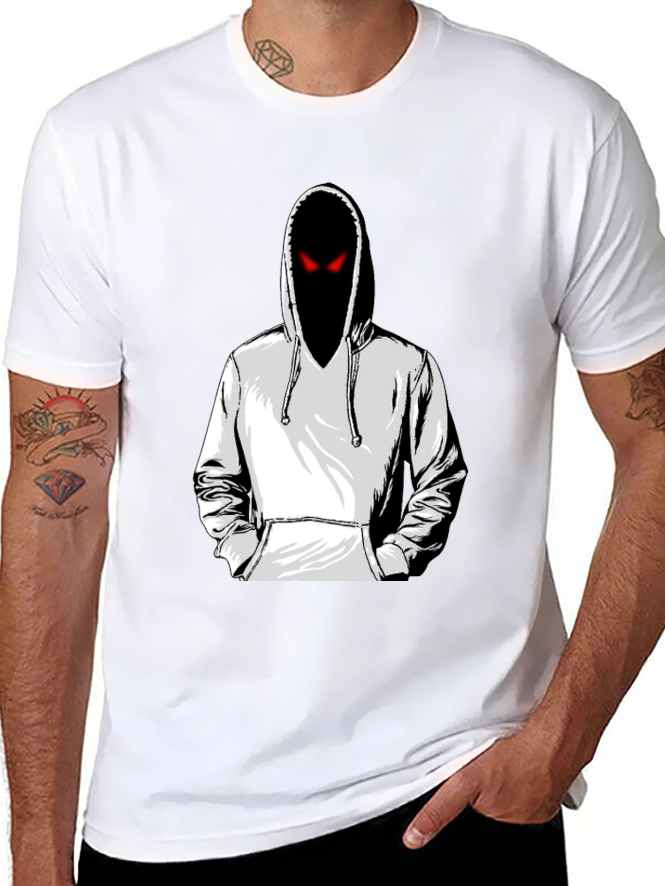 Mens Graphic Tee: Hooded Figure with Red Eyes