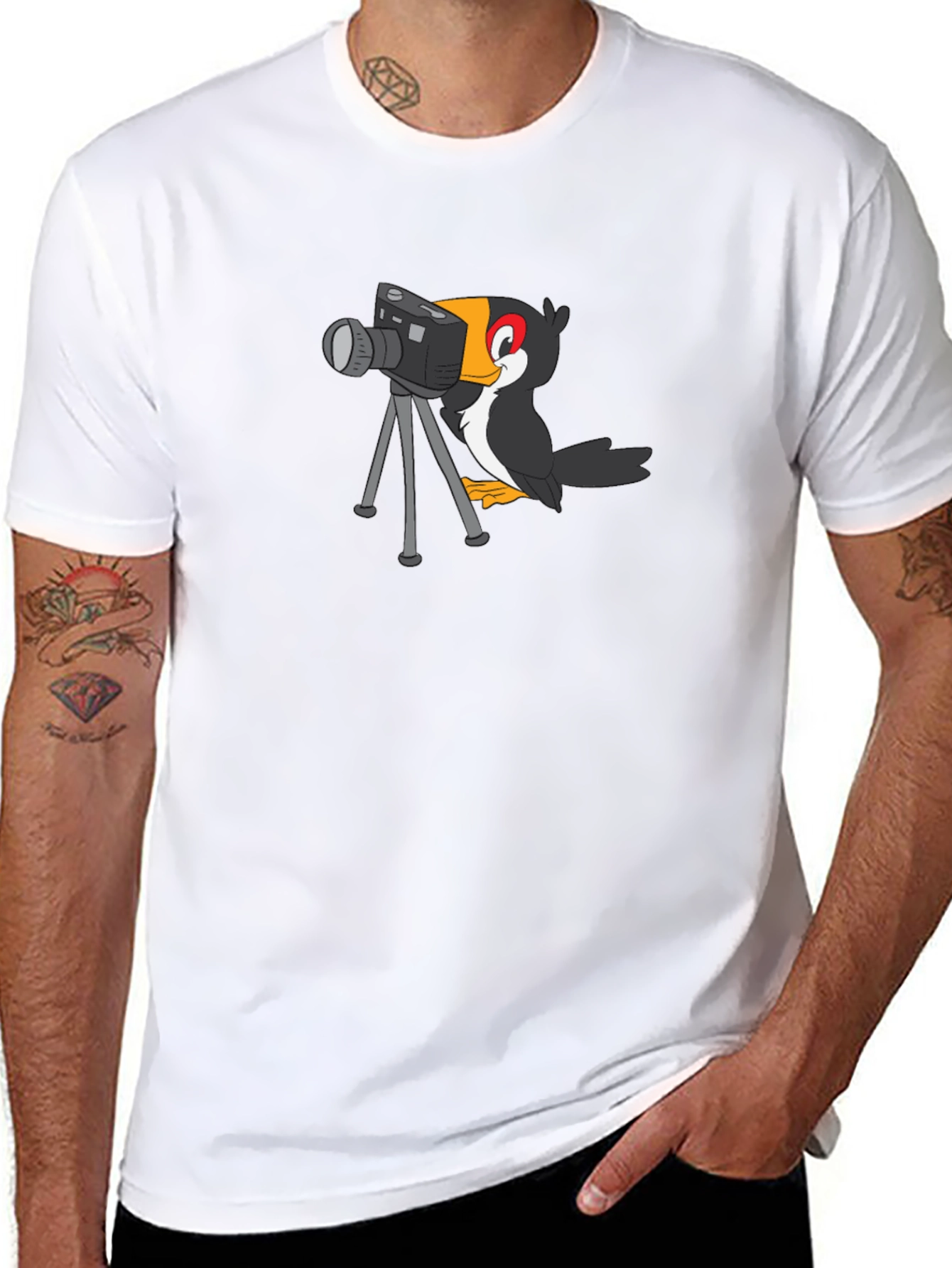 Cartoon Bird Photographer Black T-Shirt