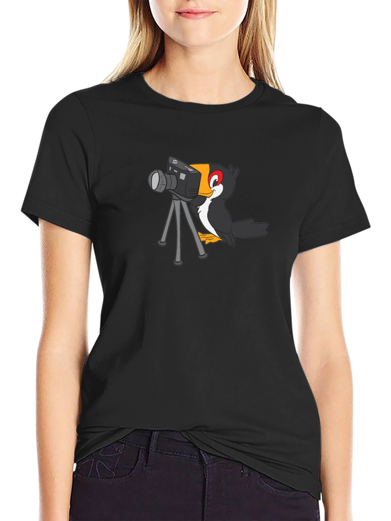 Cartoon Bird Photographer Black T-Shirt