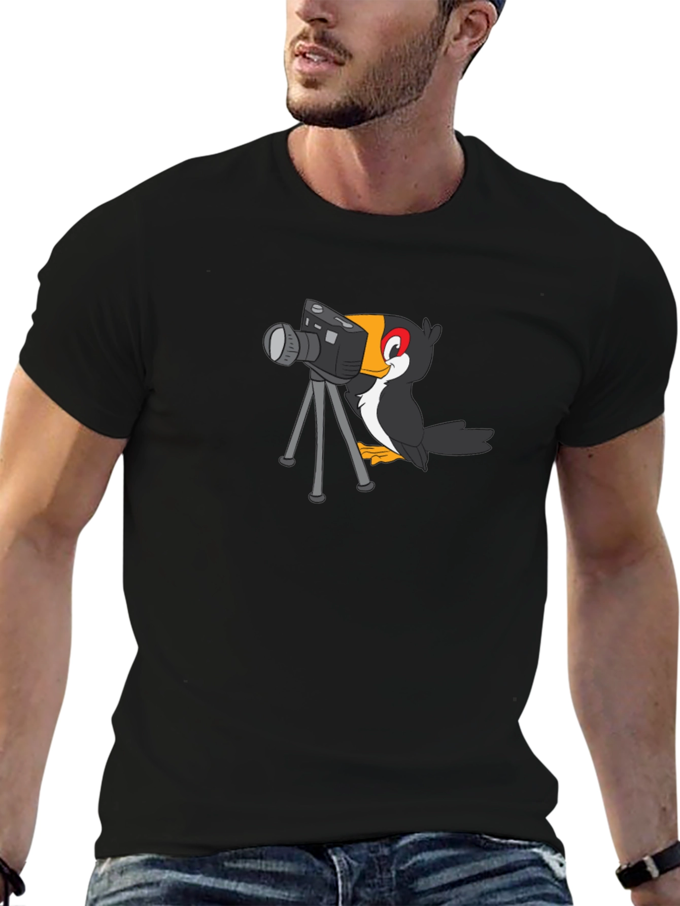 Cartoon Bird Photographer Black T-Shirt