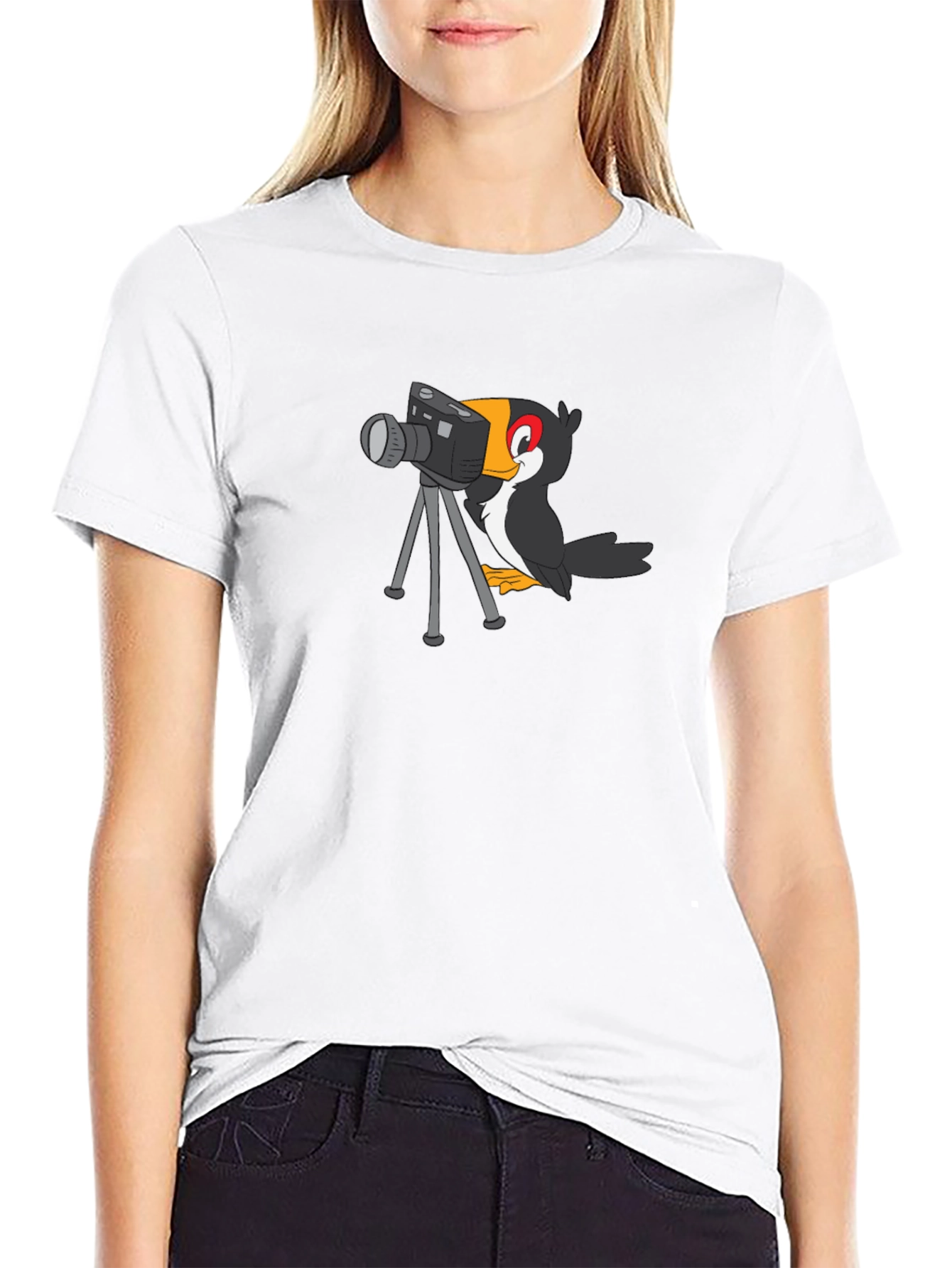 Cartoon Bird Photographer Black T-Shirt