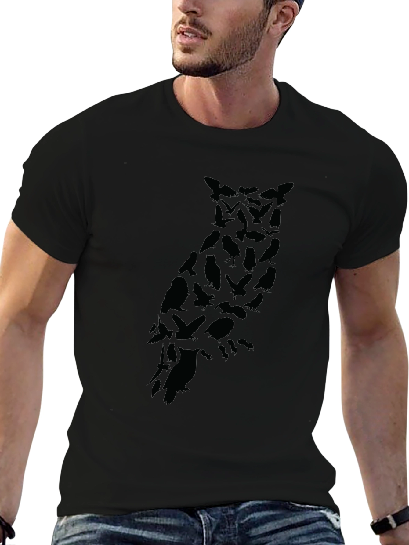 Mens Owl Silhouette Graphic Black T-Shirt